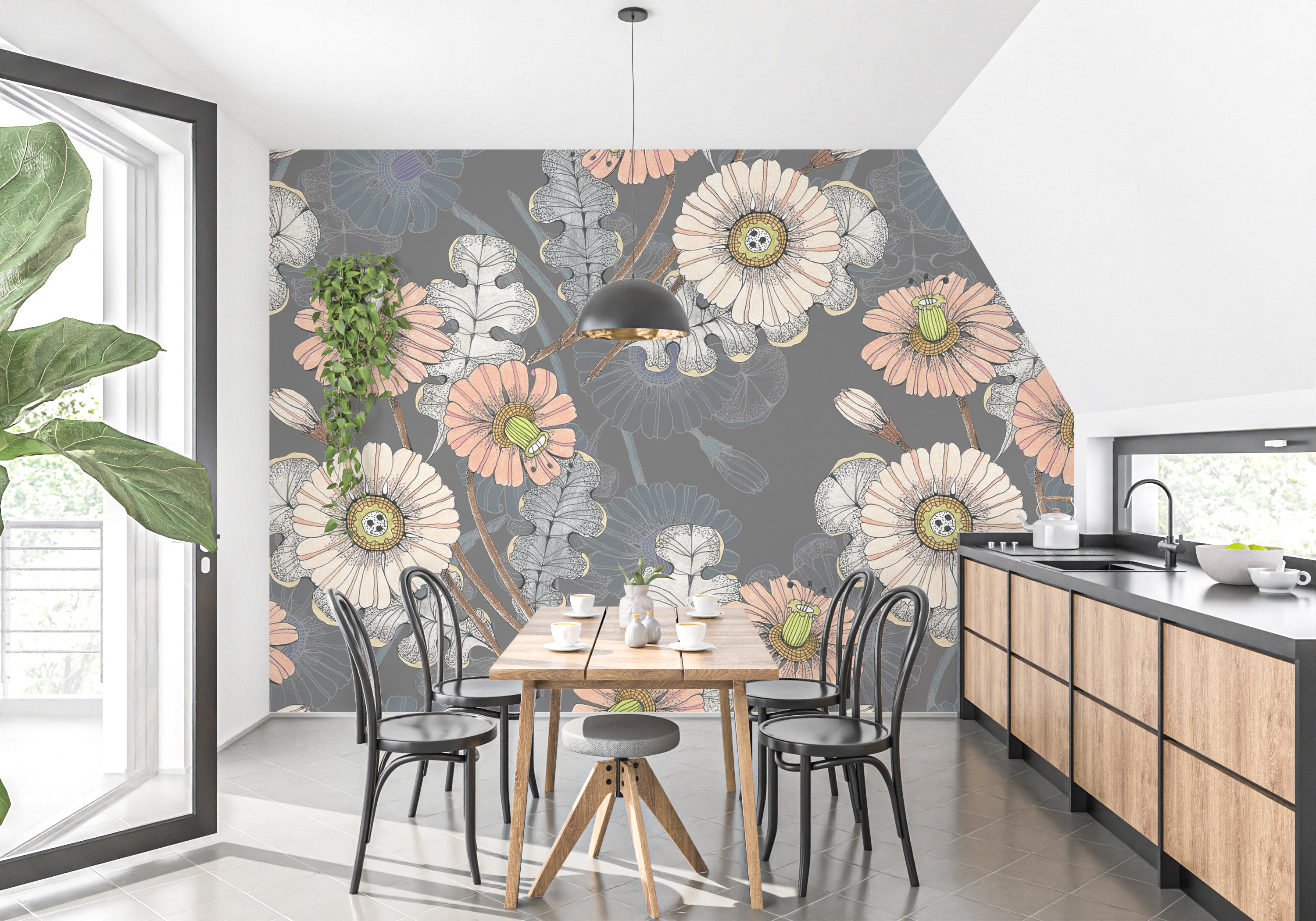 Artistic flower sketch wallpaper for living rooms