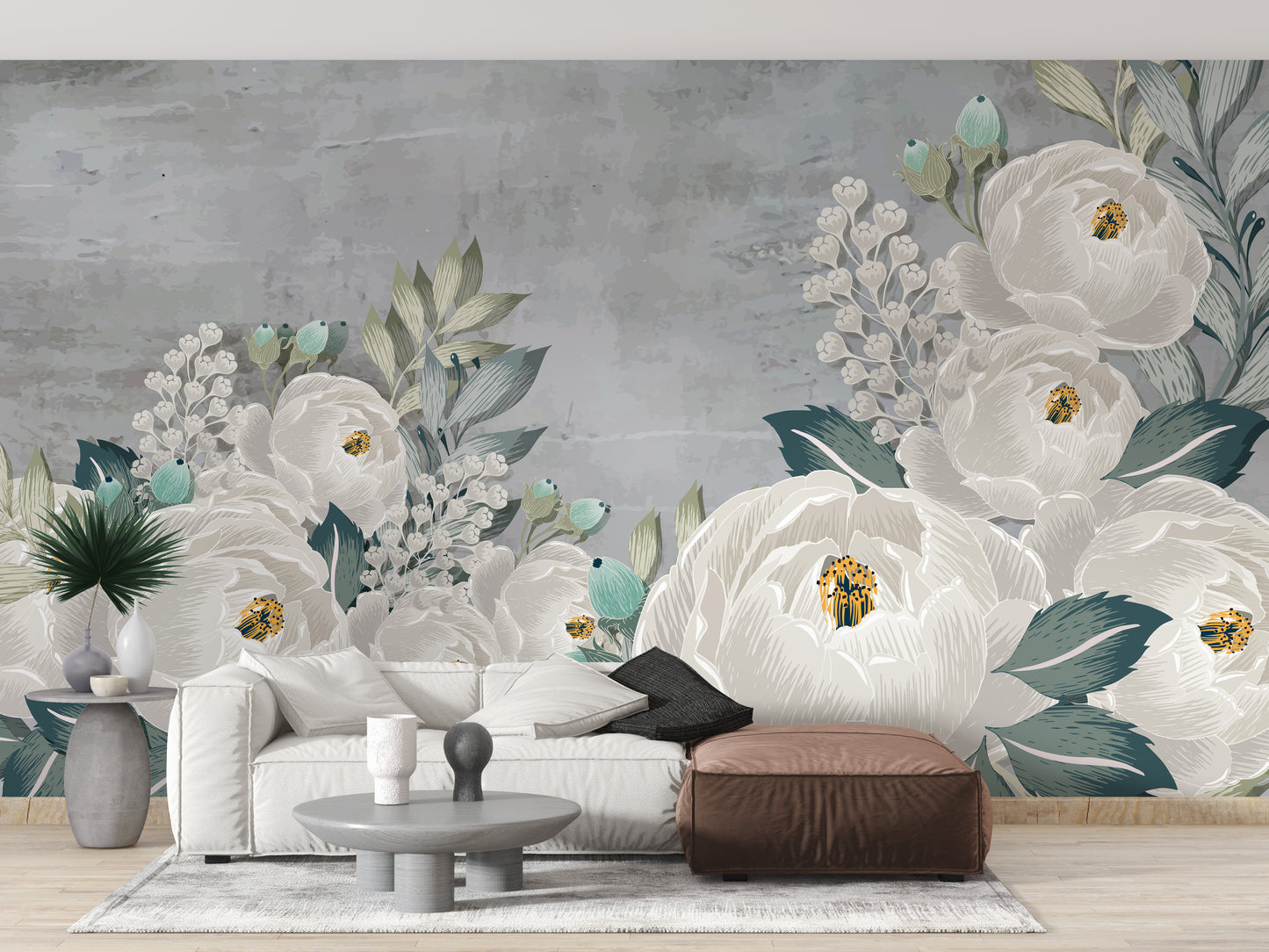 Grunge-textured wallpaper with soft gray peony patterns.