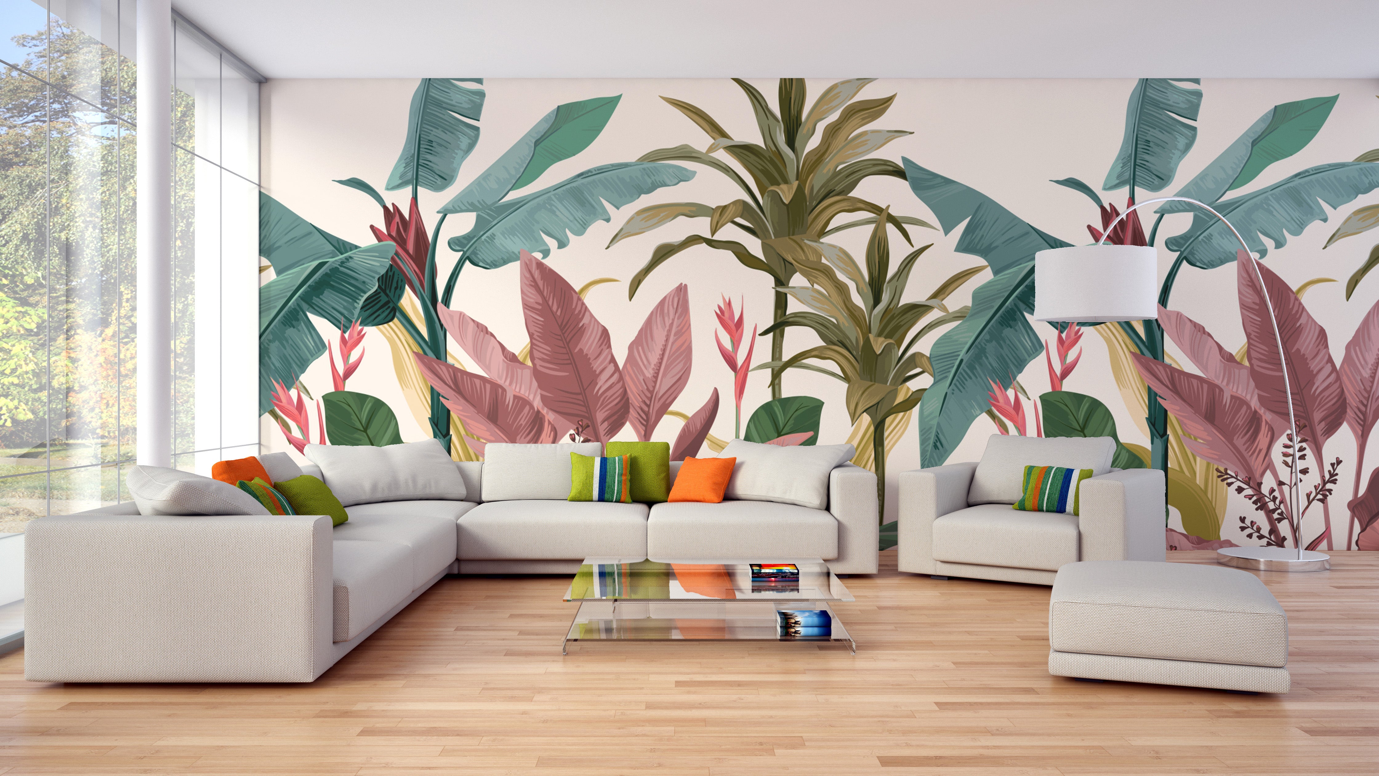 Banana leaves wallpaper design for tropical themes.