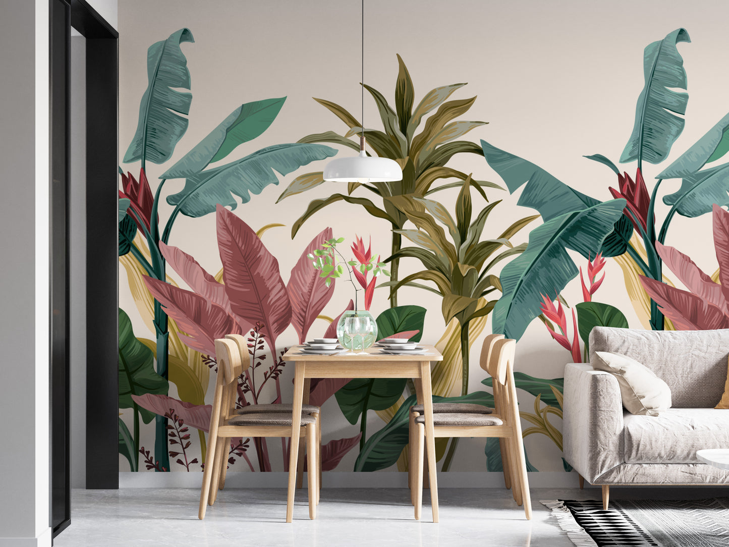 Lush banana leaves wallpaper mural for home decor.