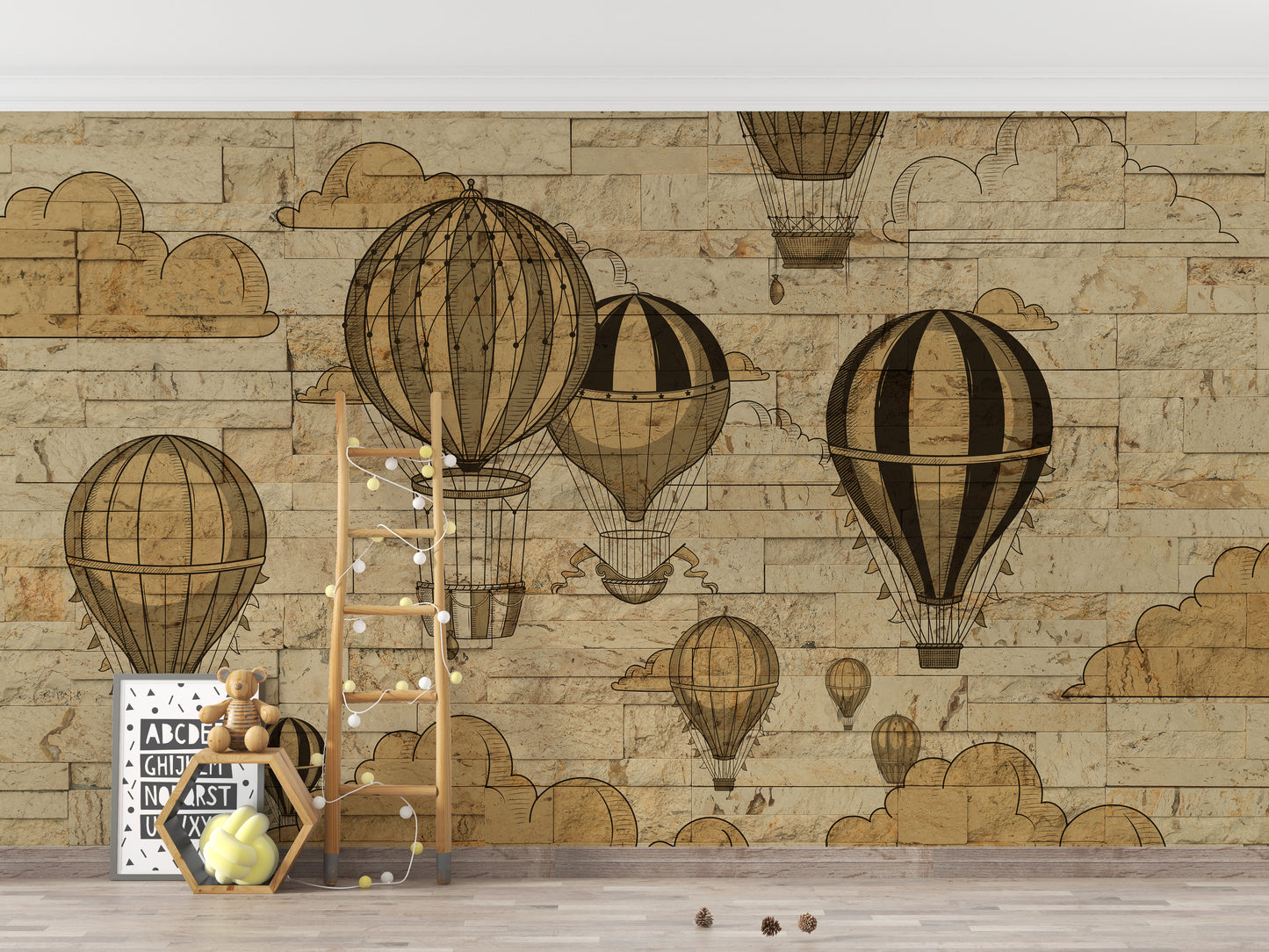 Textured 3D wallpaper with artistic hot air balloons theme