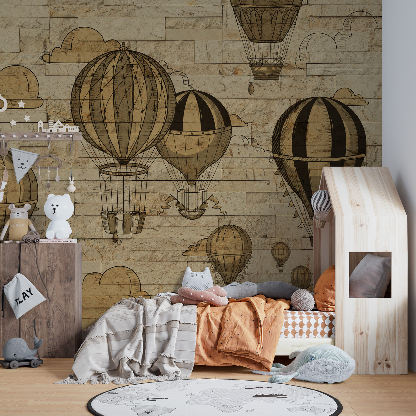 3D hot air balloons wallpaper with vintage sky.