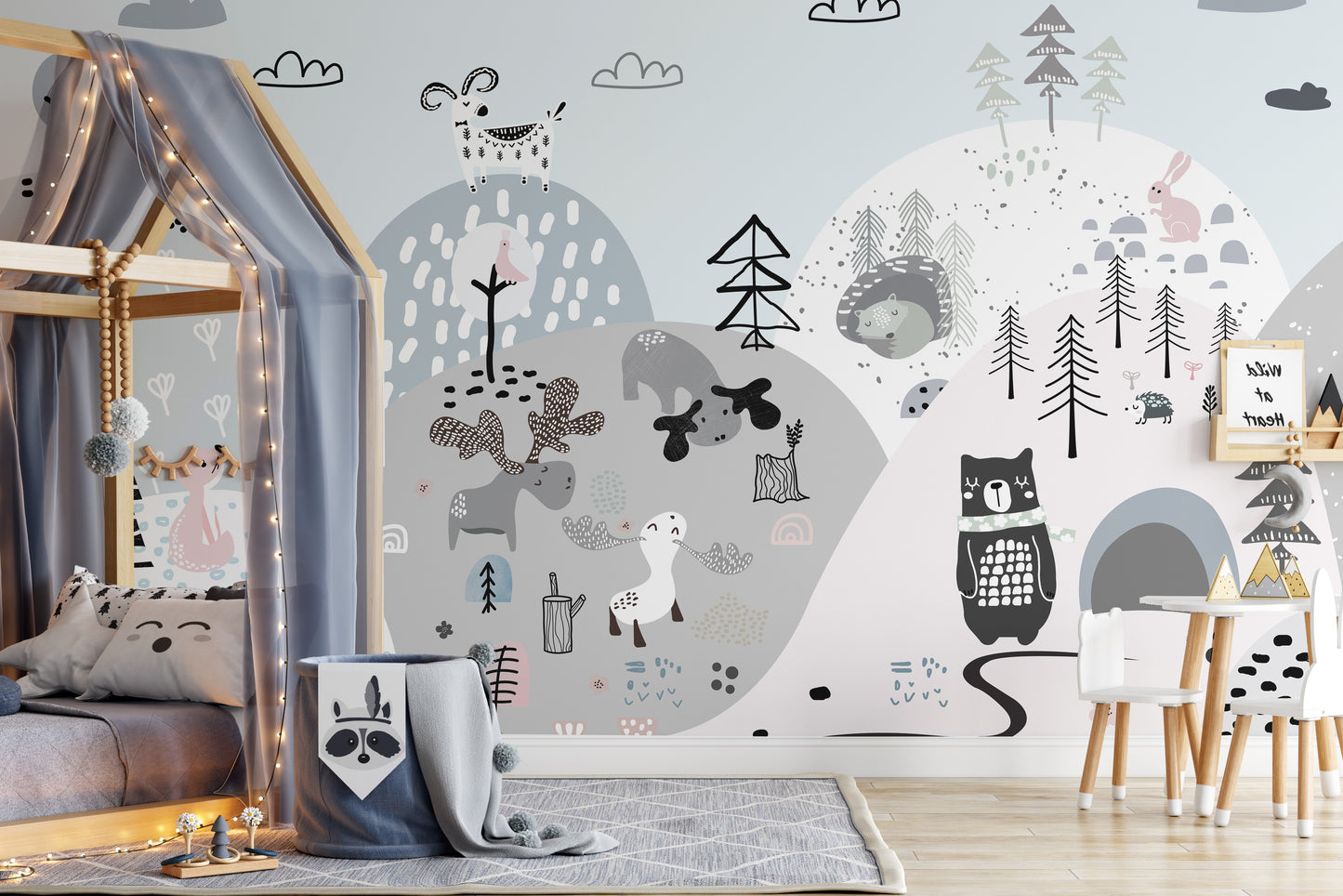 Cartoon bear and moose in scenic hills wallpaper mural.