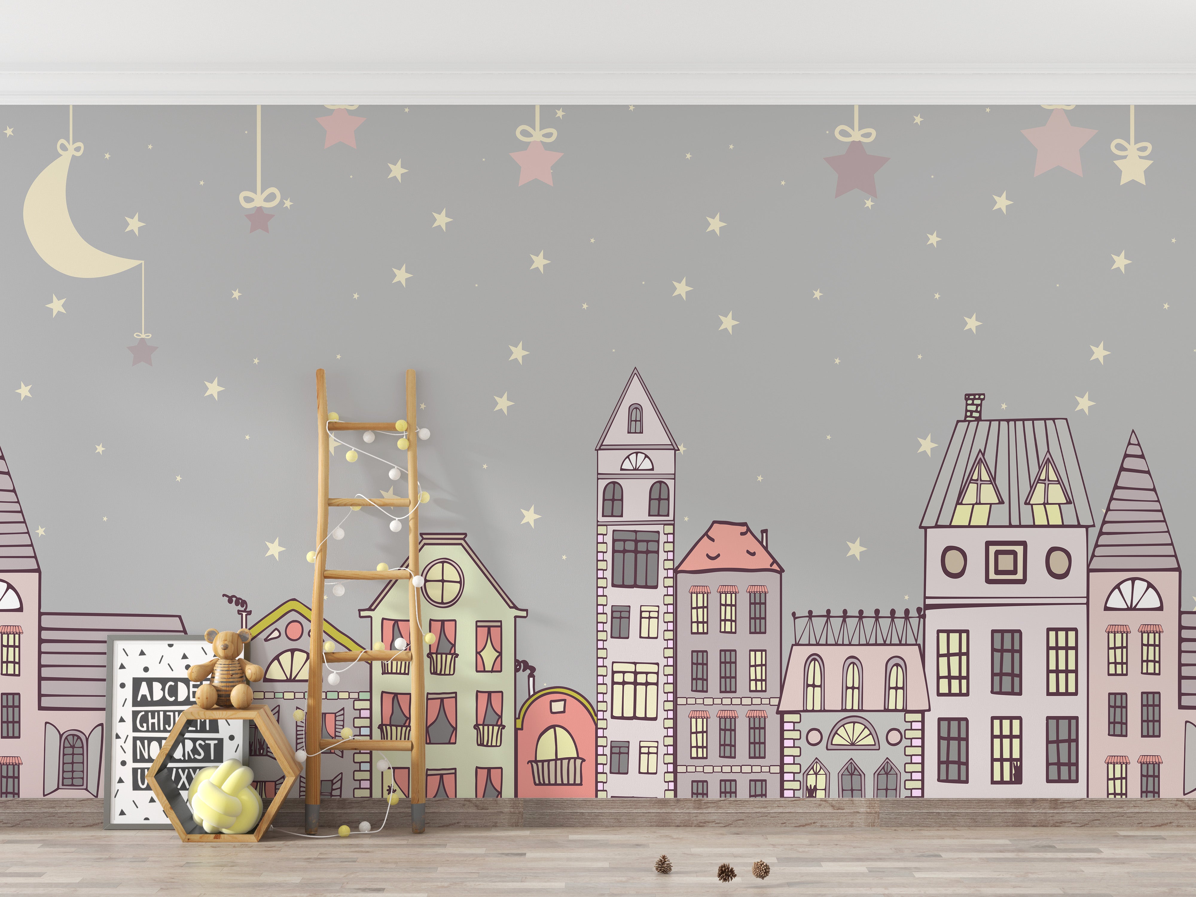 Illustrated wallpaper featuring adorable houses and stars