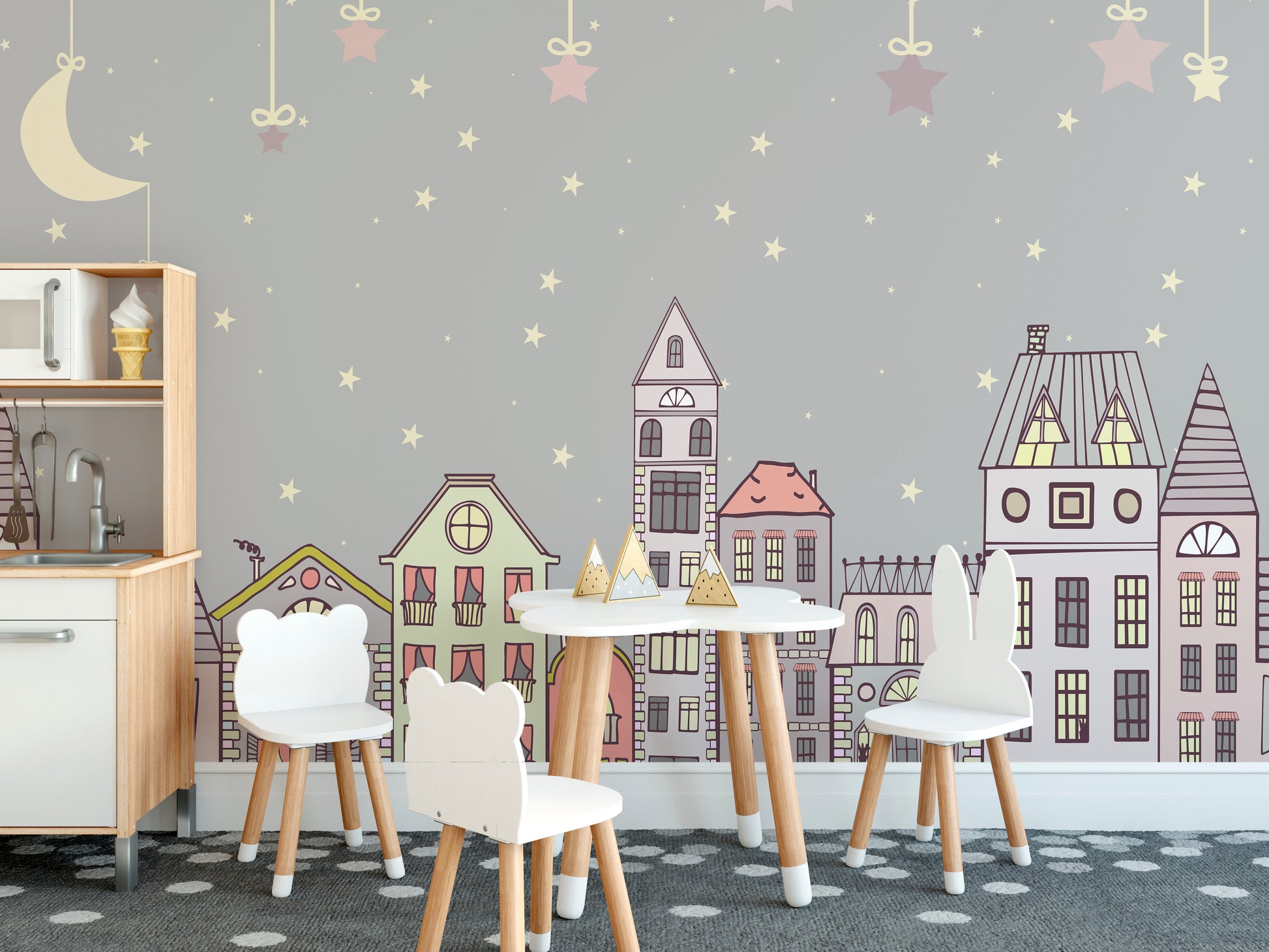 Charming night-themed wallpaper with a pastel house row