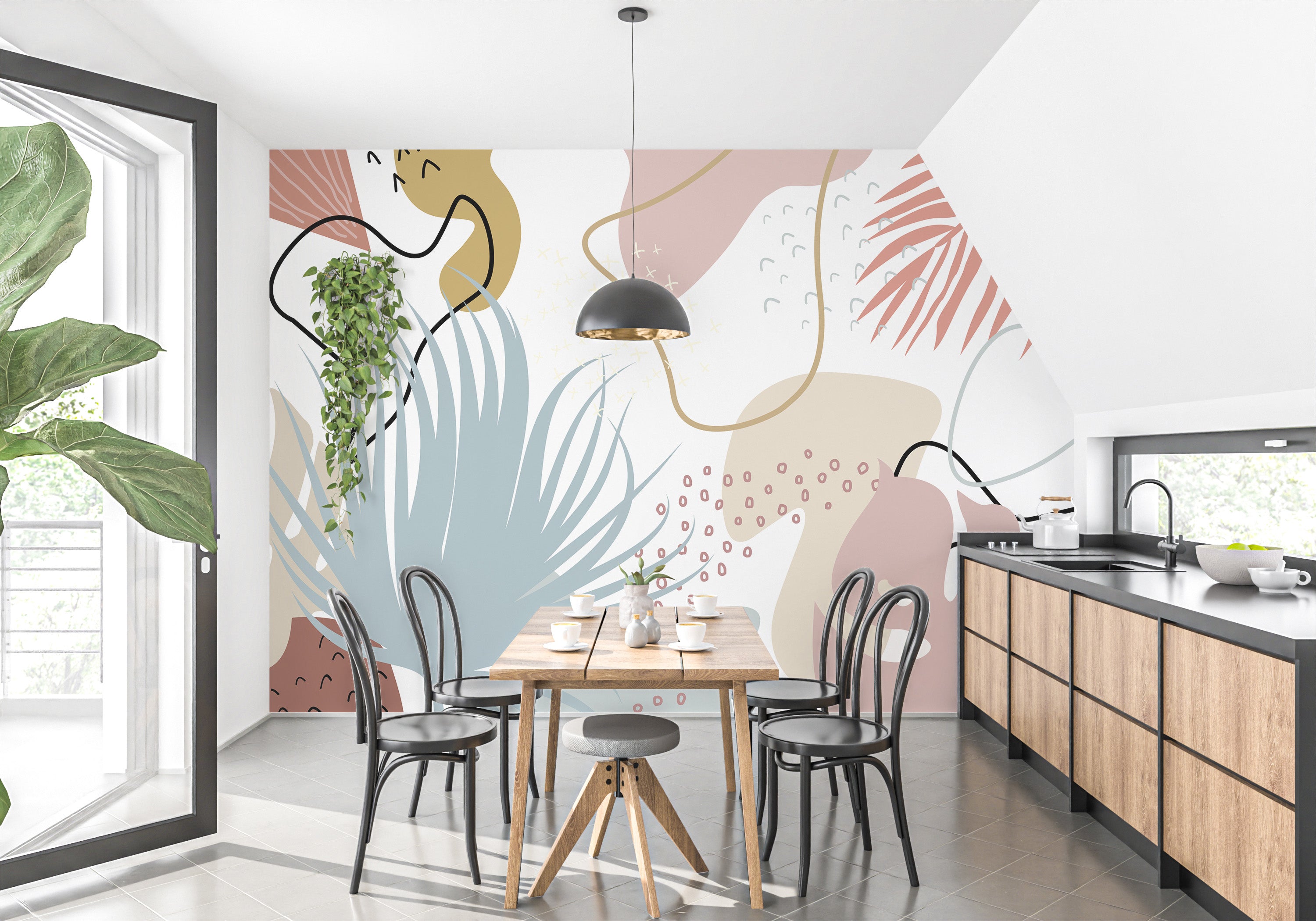 Modern botanical wallpaper with artistic leaf patterns.