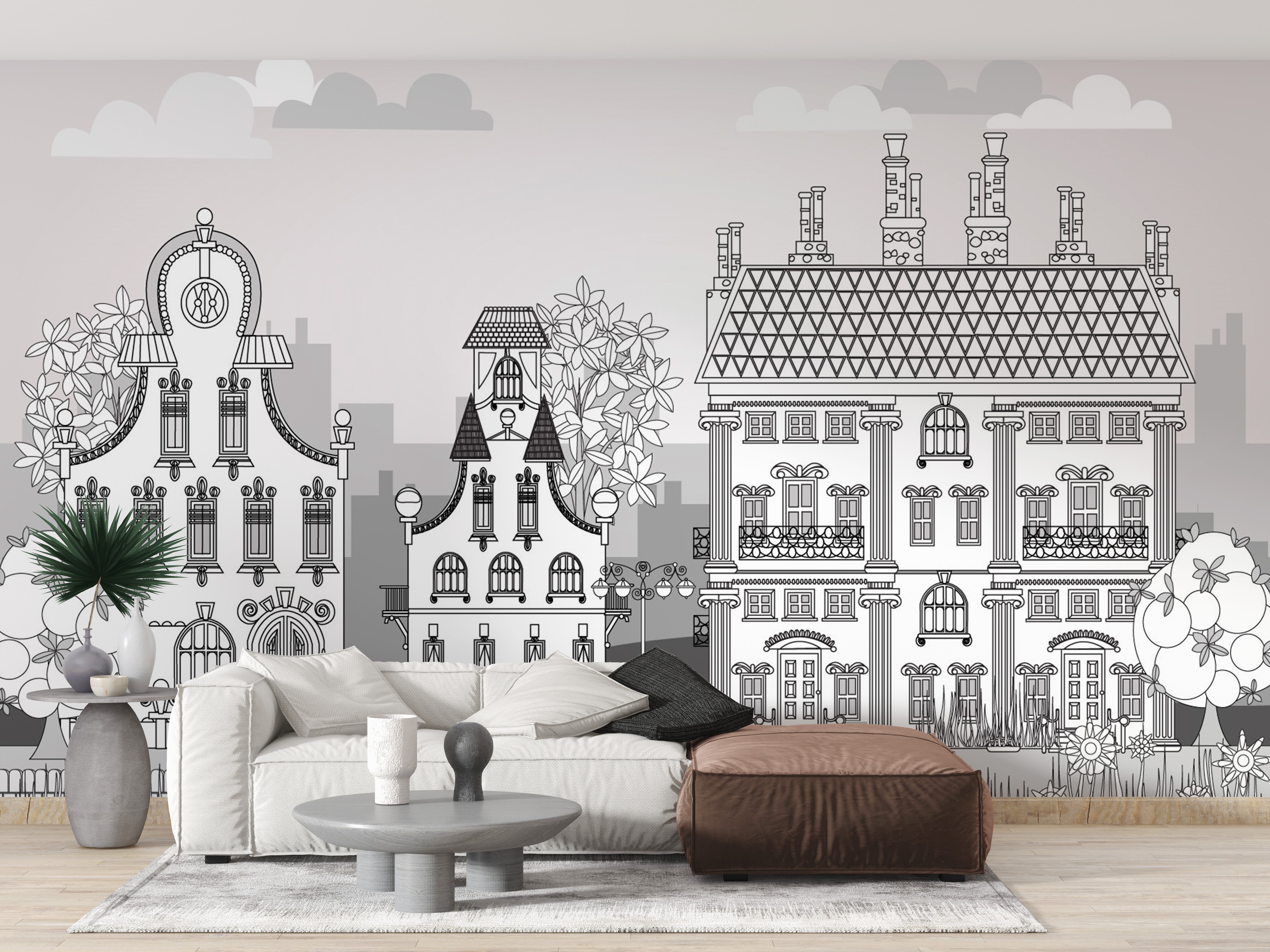 Monochrome city wallpaper for kids' playroom decor.