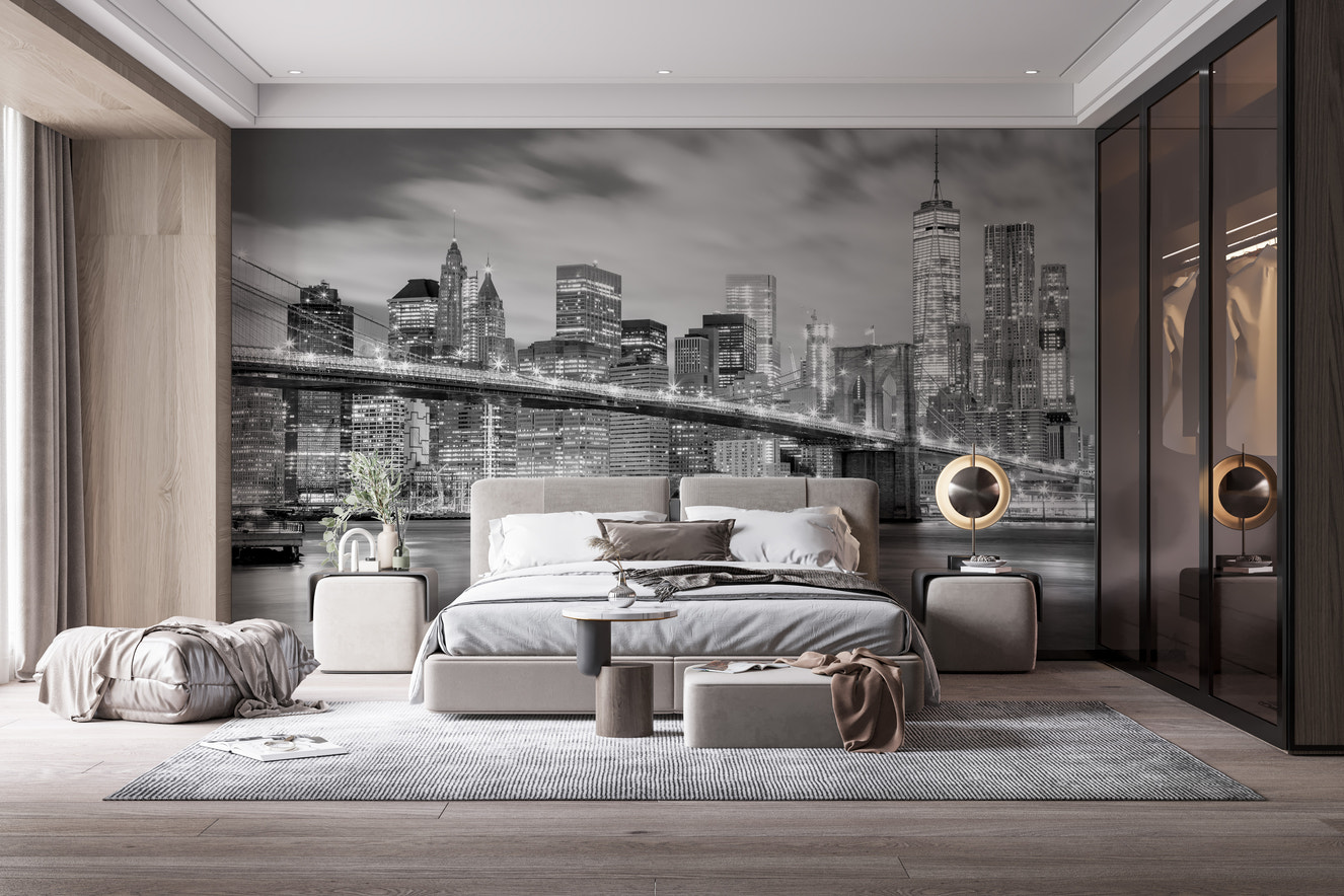 Night view Brooklyn Bridge wallpaper for modern decor.