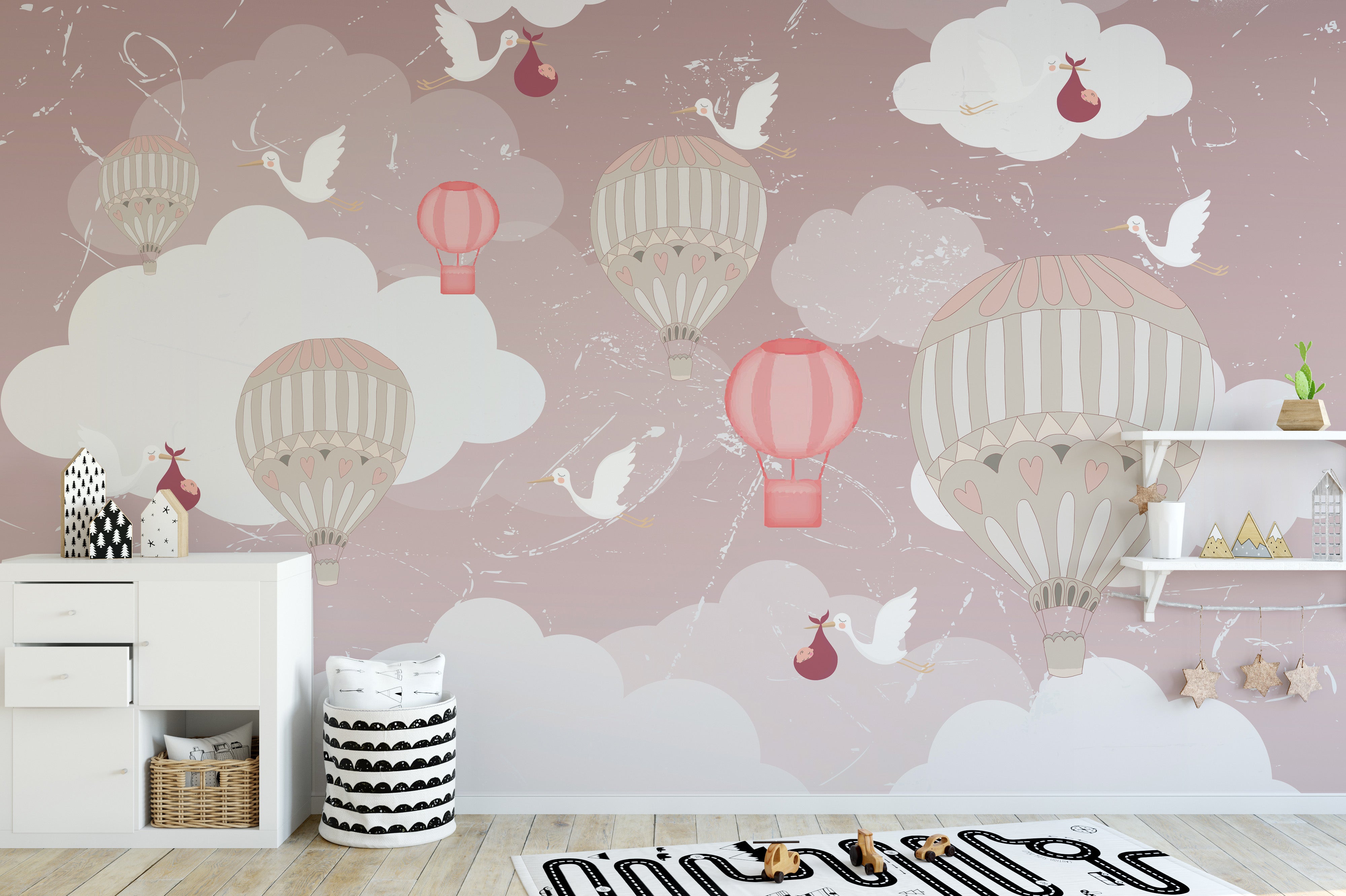 Hot air balloon-themed 3D wallpaper for cozy nurseries.