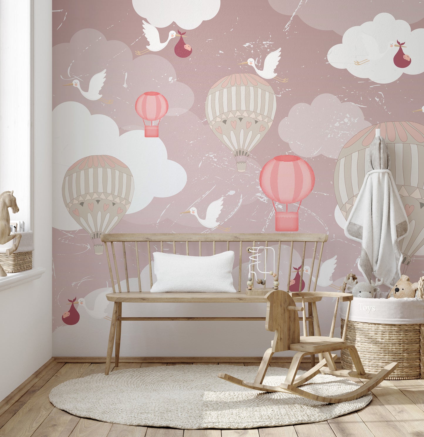 Whimsical 3D wallpaper with flying hot air balloons.