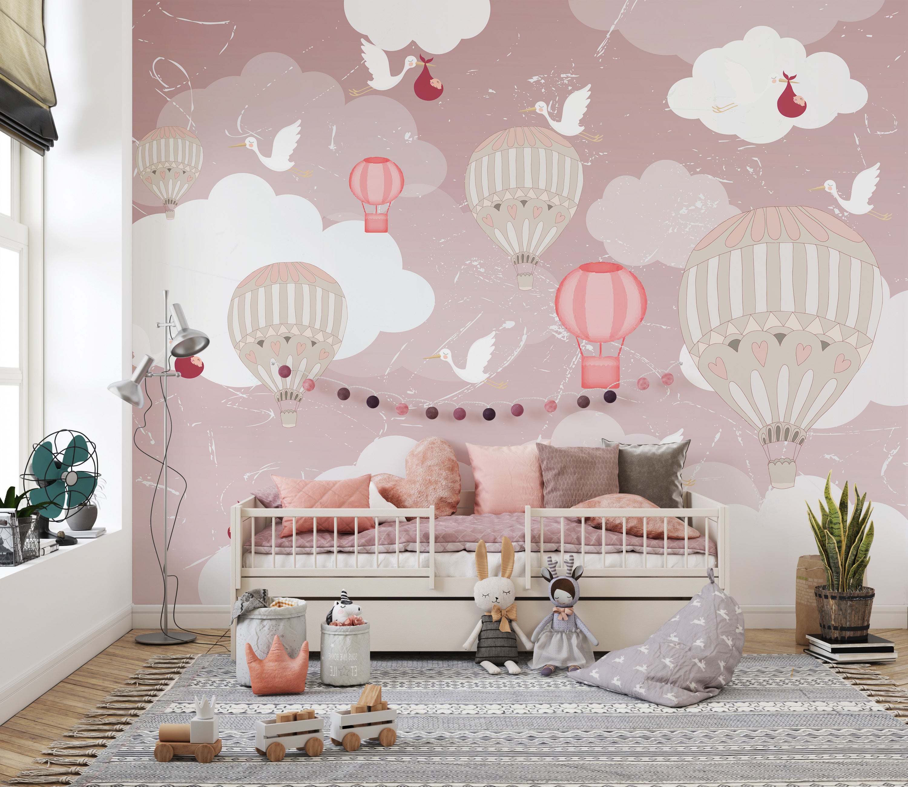 Hot air balloon wallpaper mural for dreamy interiors.