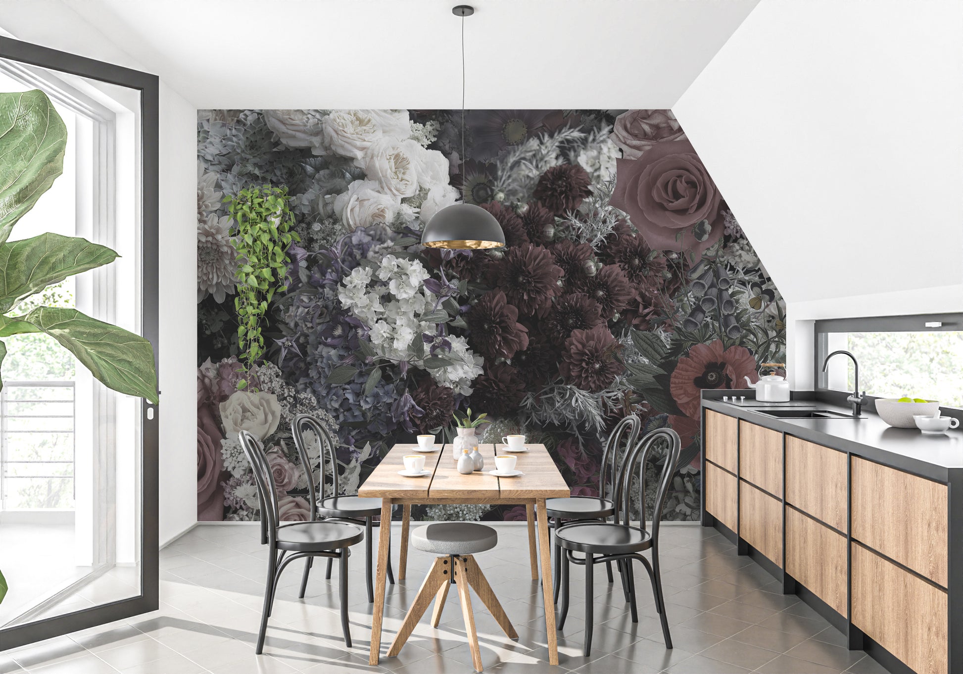 Chic dark floral mural wallpaper with vintage vibes