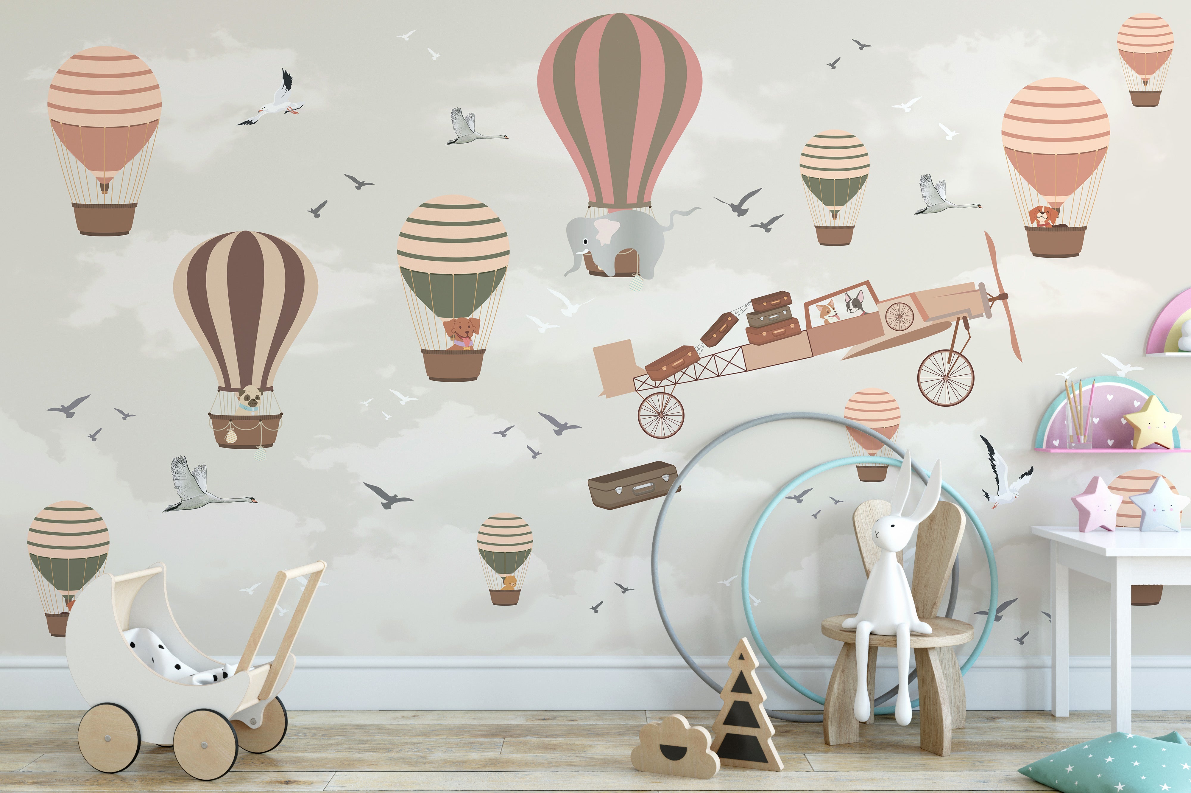 Balloon and plane wallpaper for children's themed rooms.