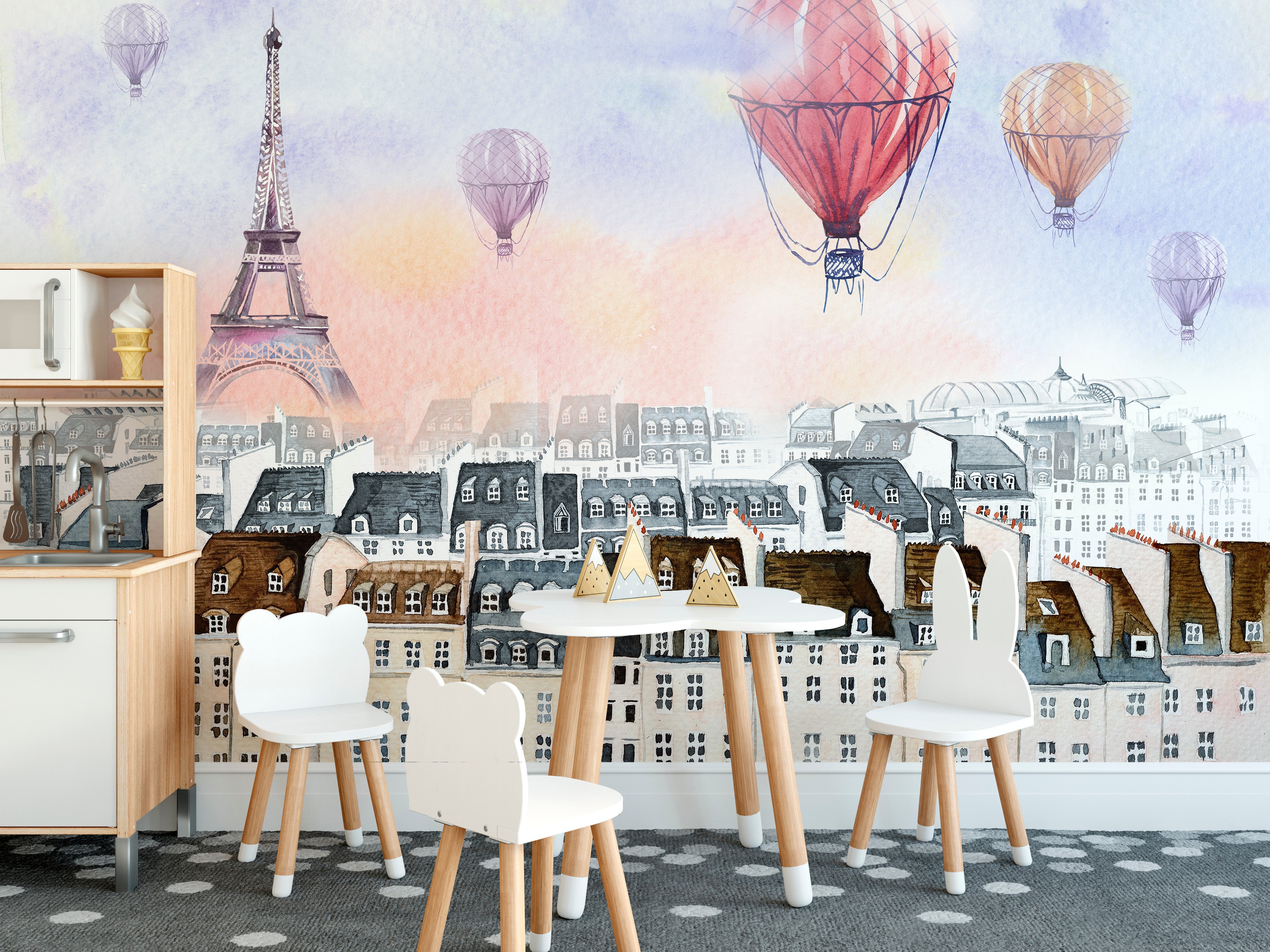 Scenic Paris wallpaper with watercolor hot air balloons