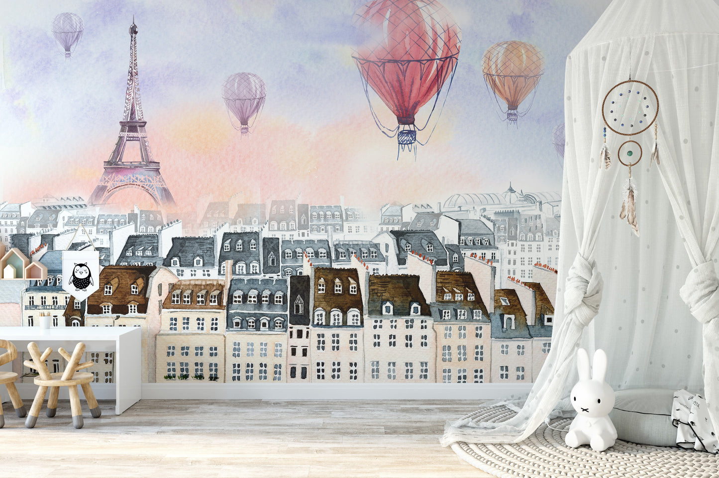 Watercolor Paris with hot air balloon Wallpaper Murals