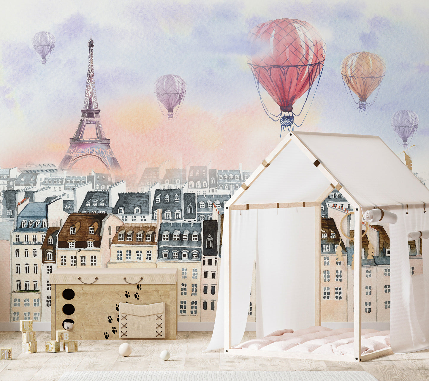 Watercolor Paris with hot air balloon Wallpaper Murals