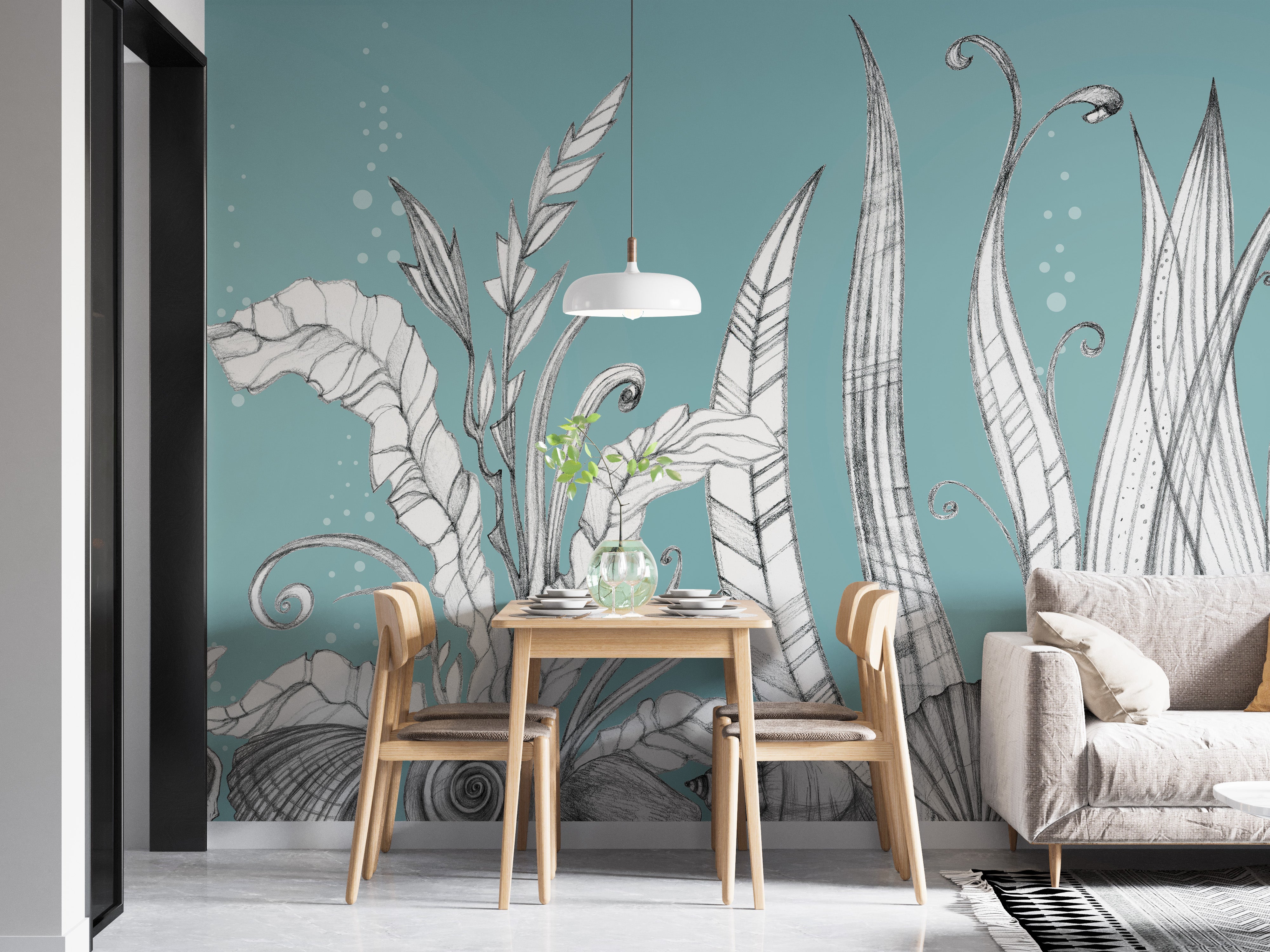 Elegant wallpaper with underwater botanical illustrations