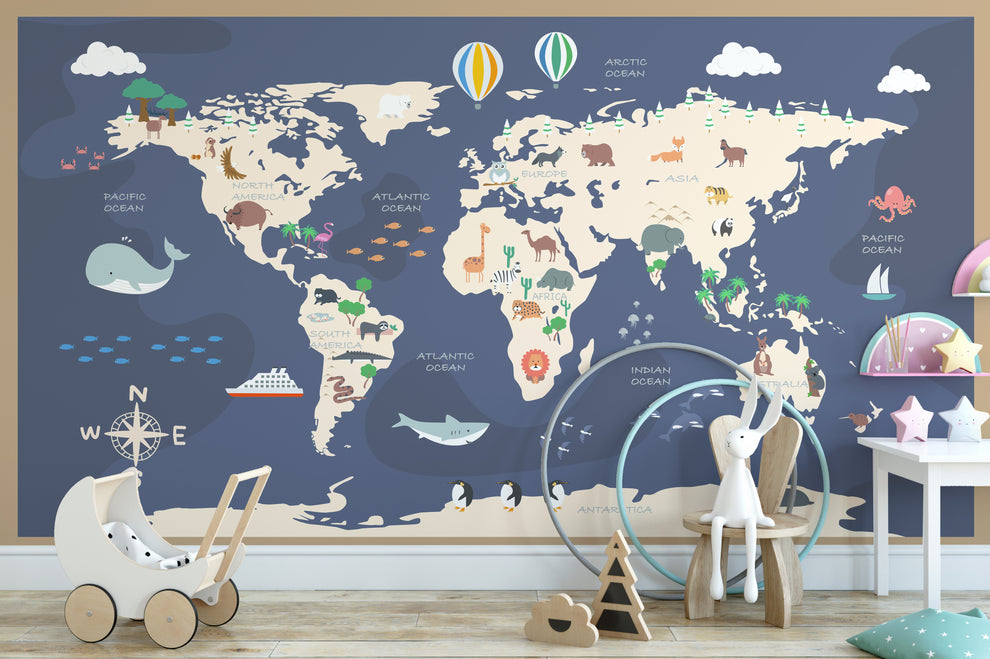 Kids World Map with Cartoon Wallpaper Mural