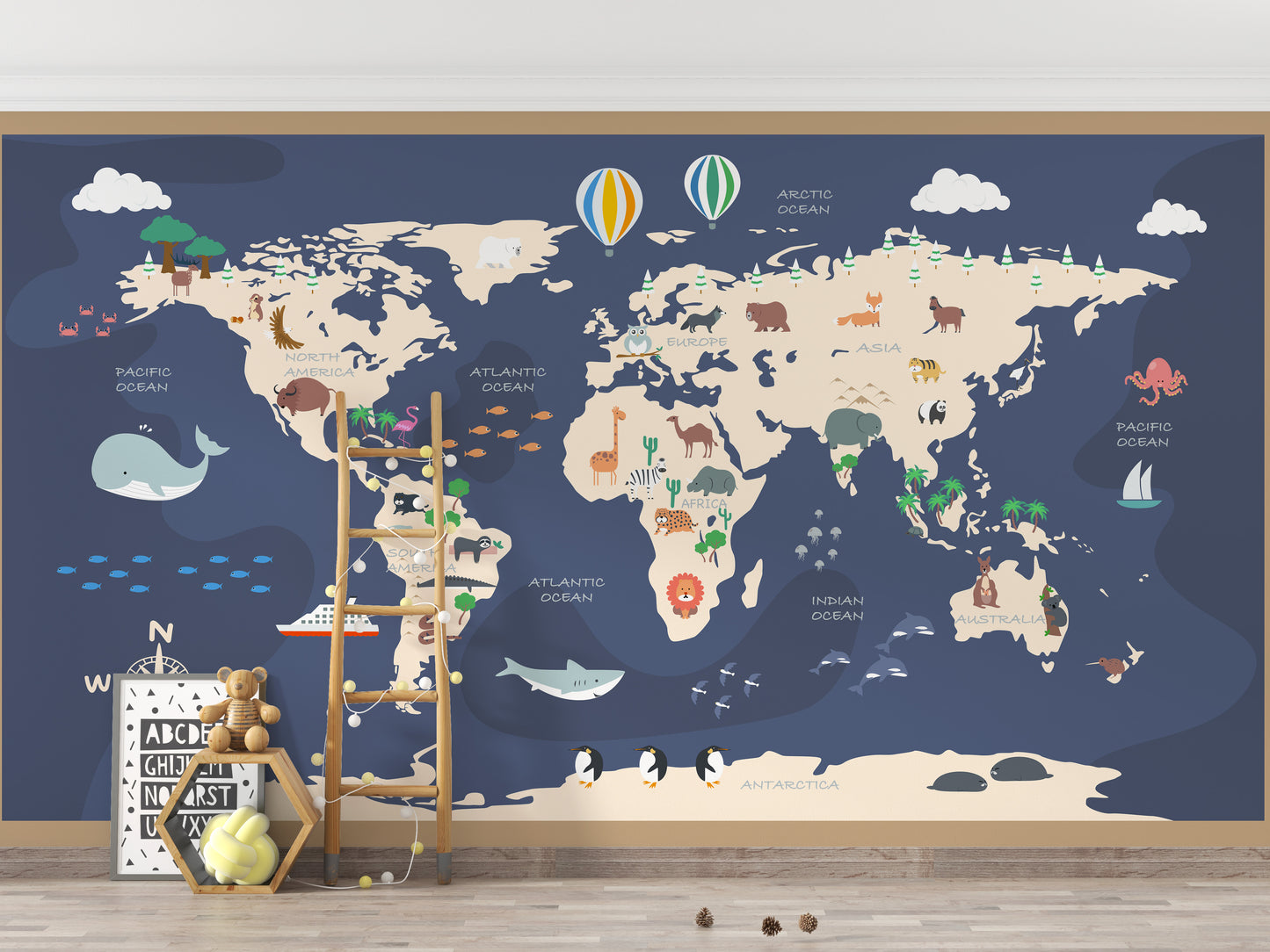 Kids World Map with Cartoon Wallpaper Mural