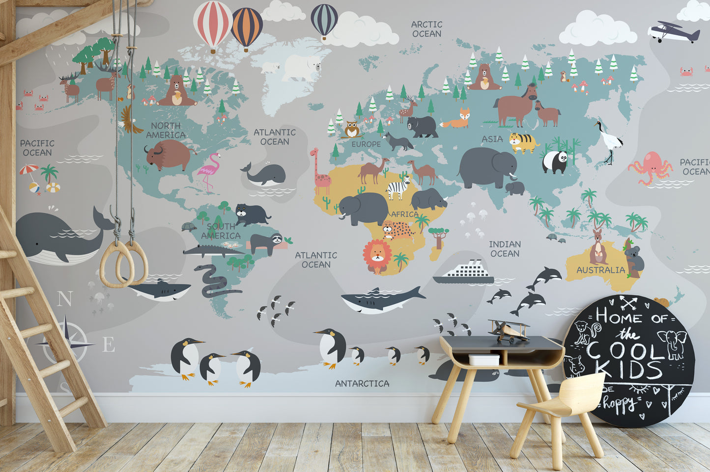 Colorful world map wallpaper featuring wildlife