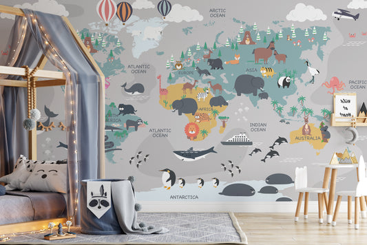 Whimsical world map mural with animals