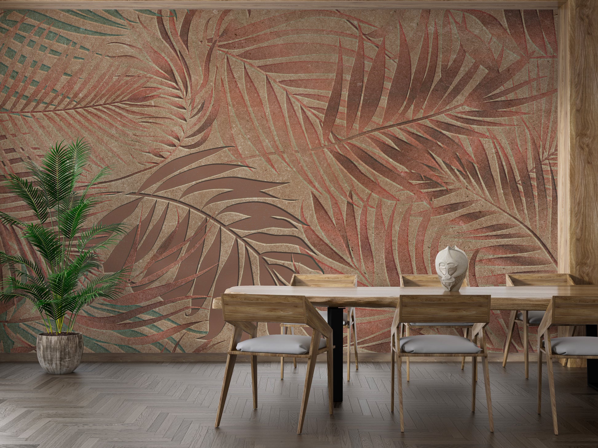 leafy mural with a copper backdrop