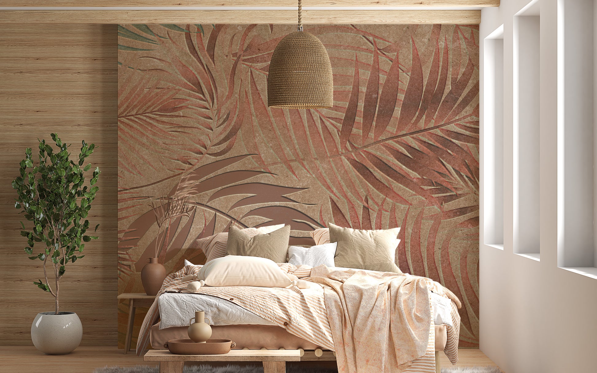 Copper and fiery red tropical mural design