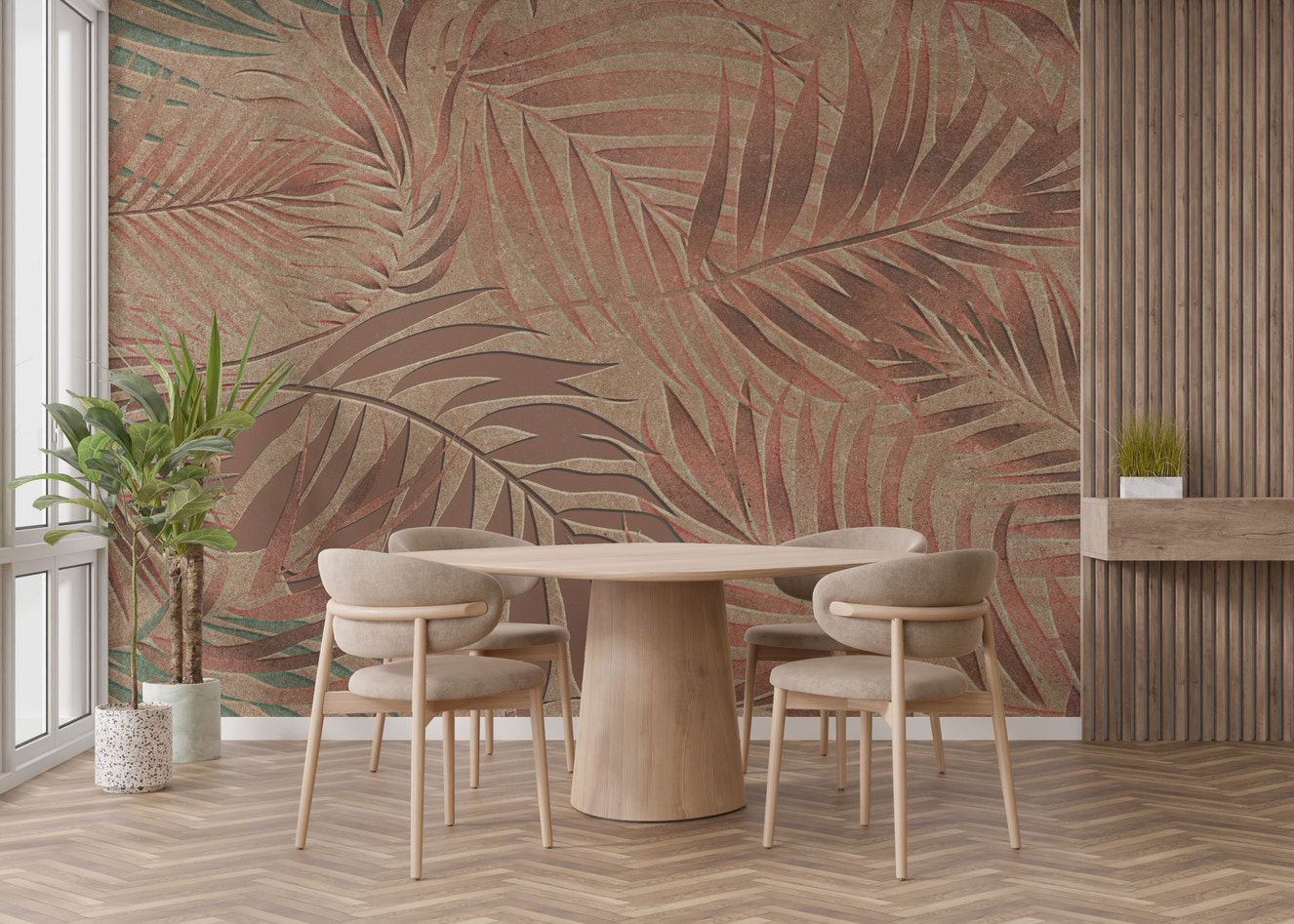 Tropical mural with copper and earthy leaves