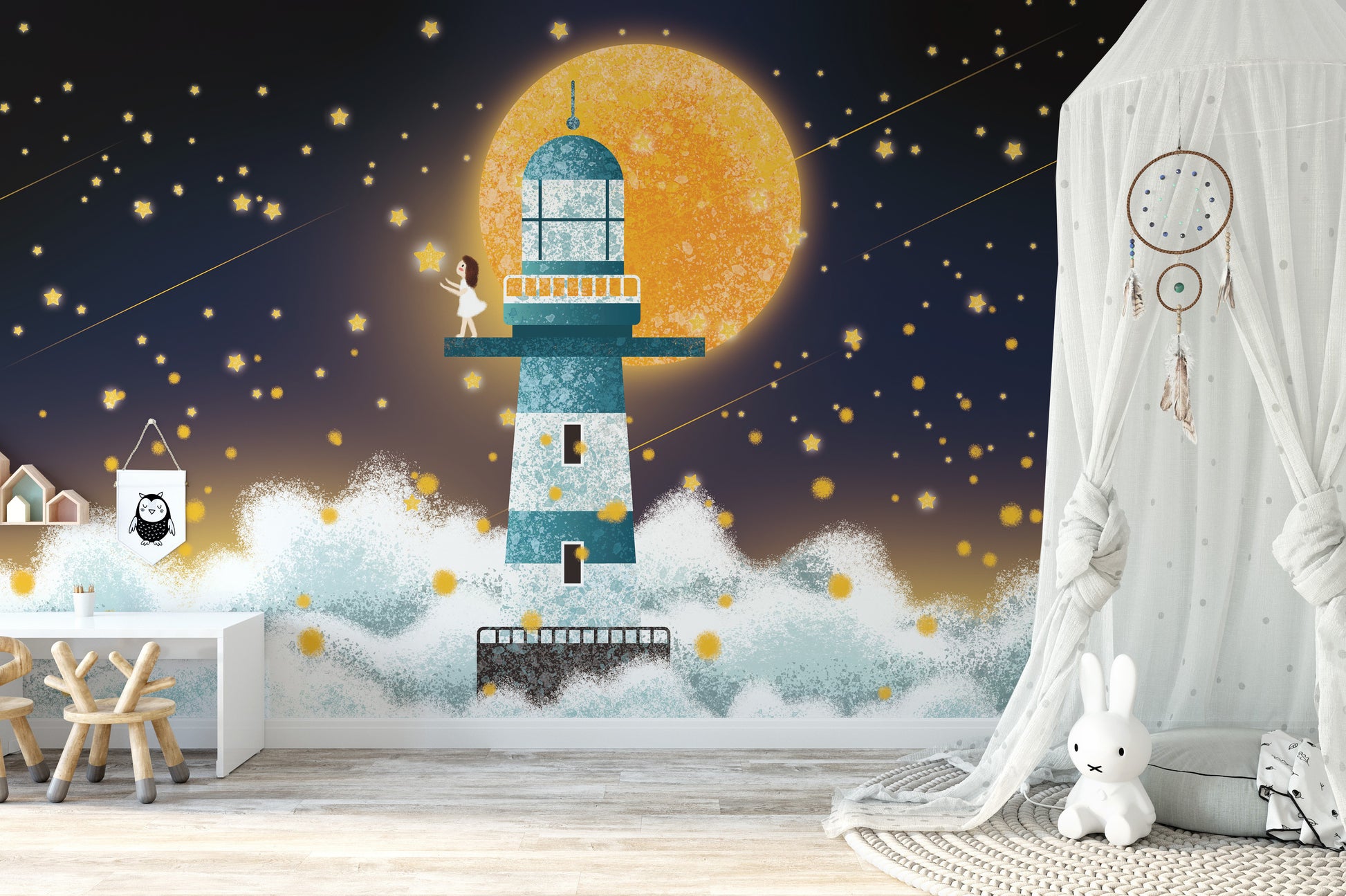 Wallpaper mural featuring a glowing lighthouse