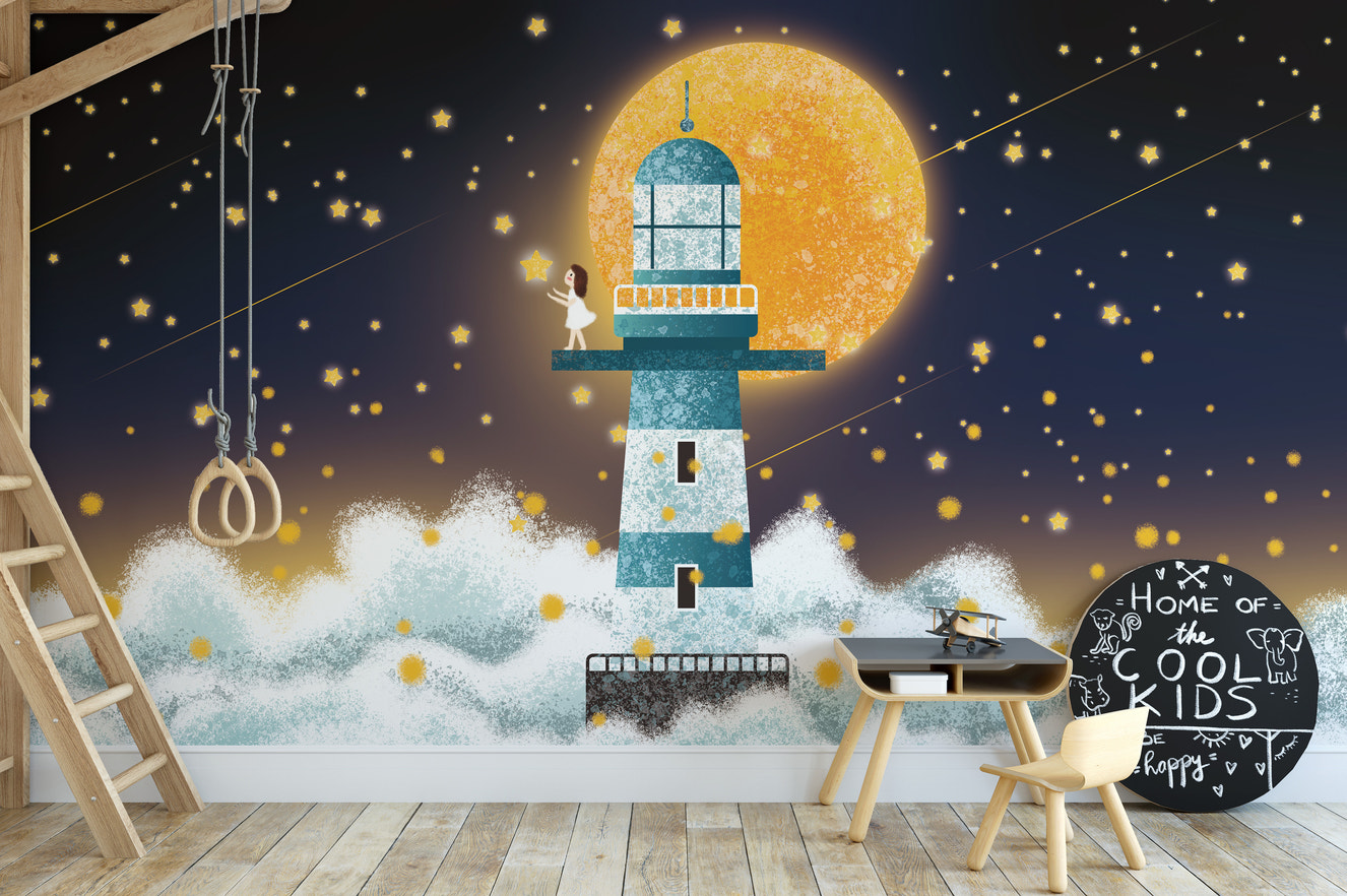 Enchanting moonlight mural with stars