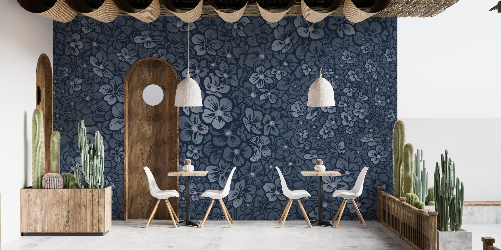 Sophisticated blue floral wallpaper mural