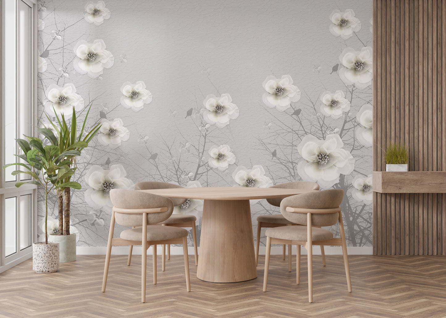 Gray 3D flowers mural