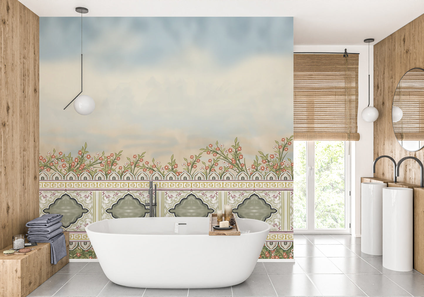 Lush floral and patterned fence wallpaper mural