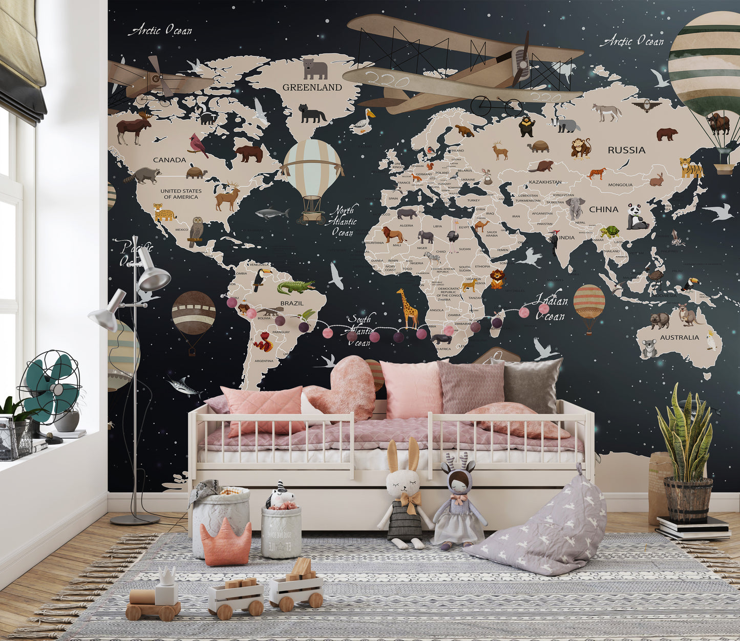 Kids' world map wallpaper with animals