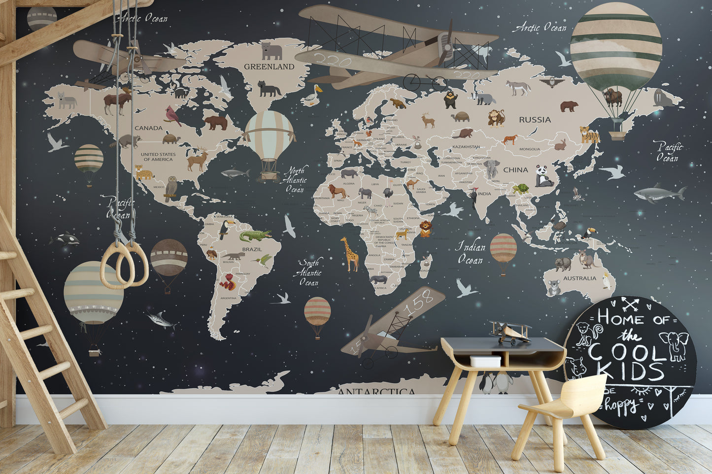 Animals world map wallpaper mural