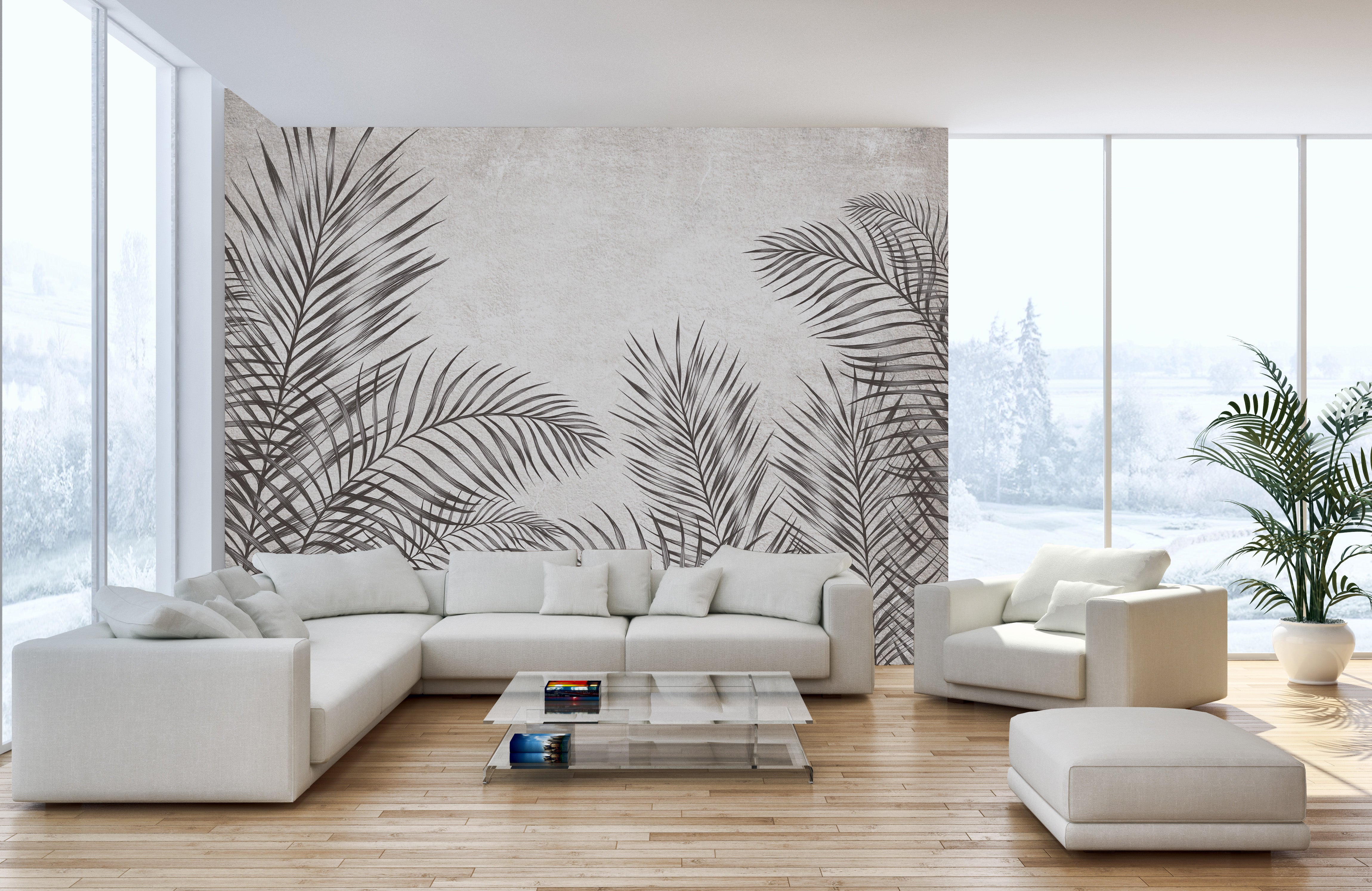 Monochrome tropical palm leaves wallpaper