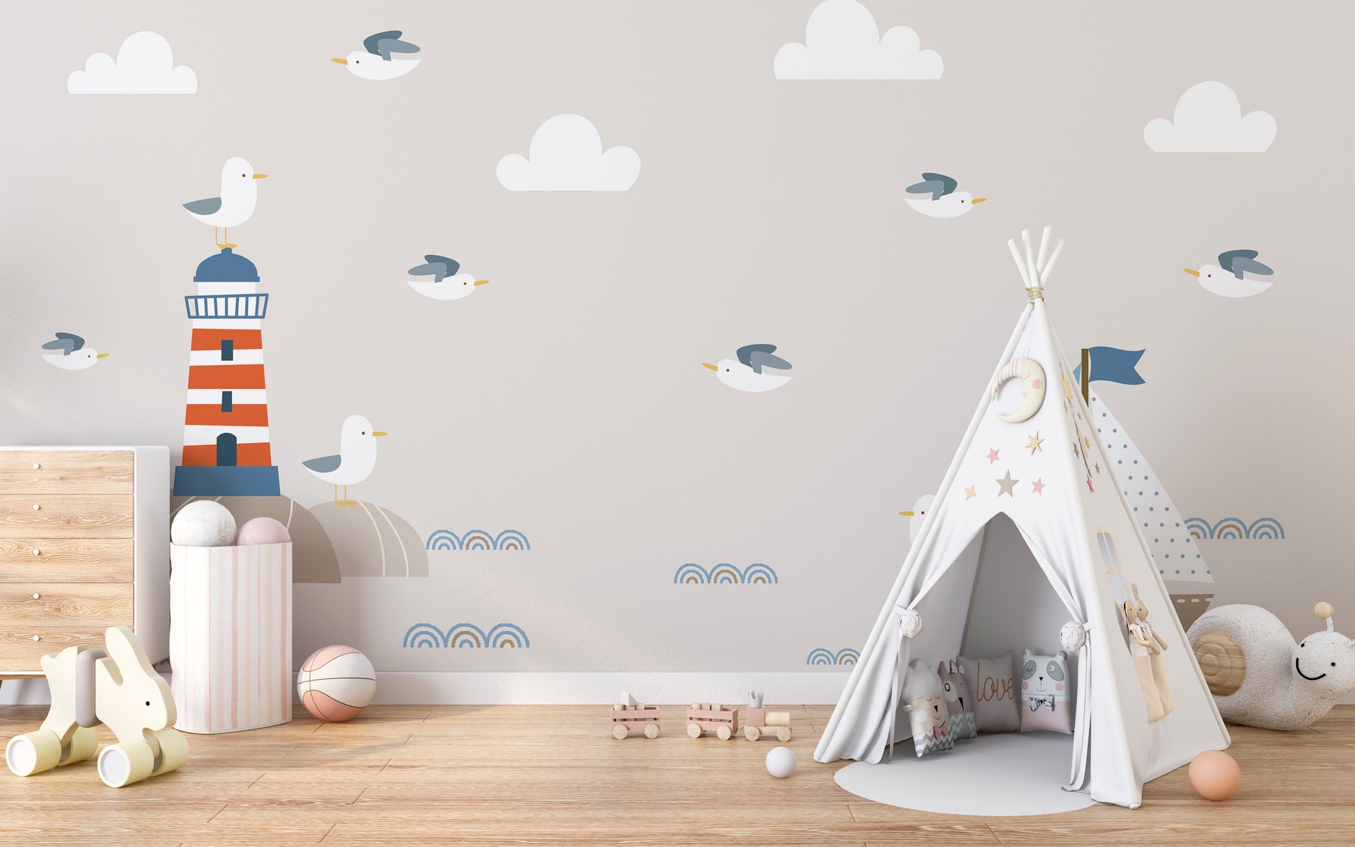 Whimsical nautical-themed wallpaper design