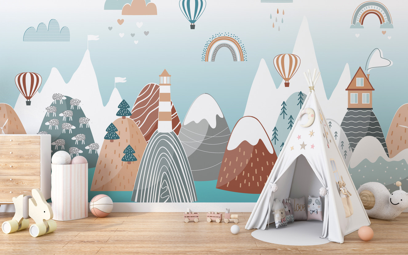 Kids wallpaper with whimsical mountains and sea