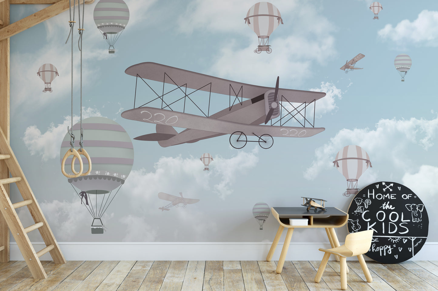 Adventure-themed biplane and balloon wallpaper