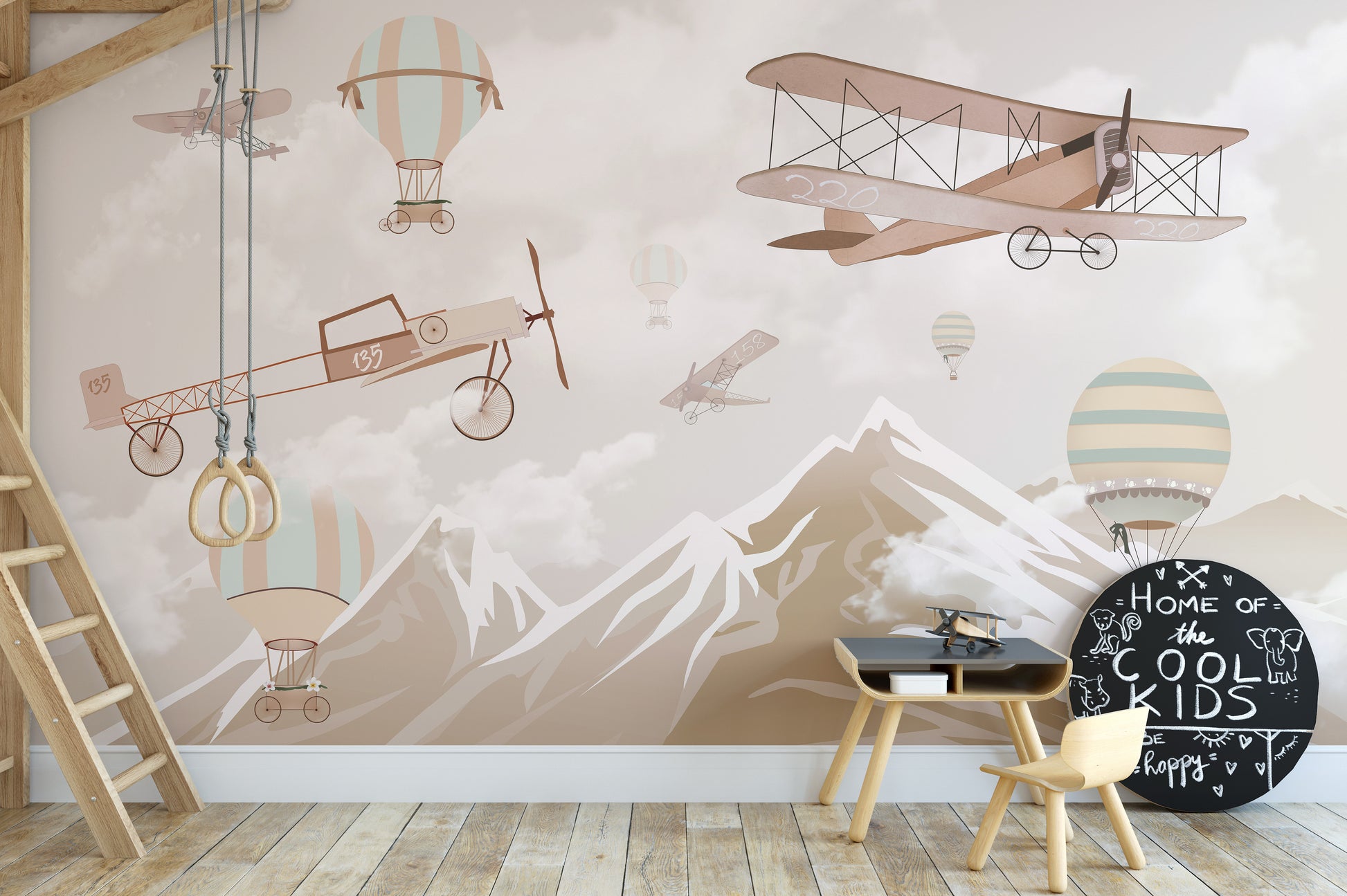 Kids' airplane mural with mountains and balloons