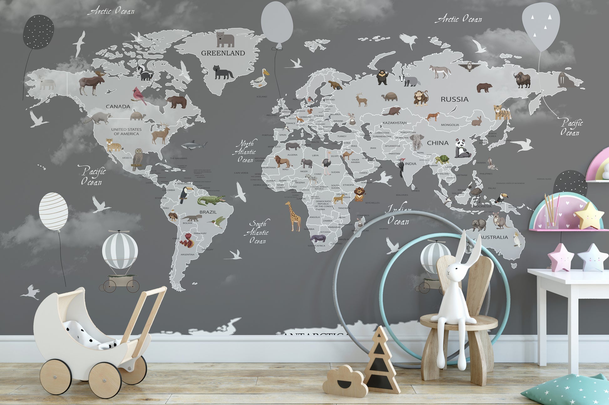 Educational map featuring animals by region