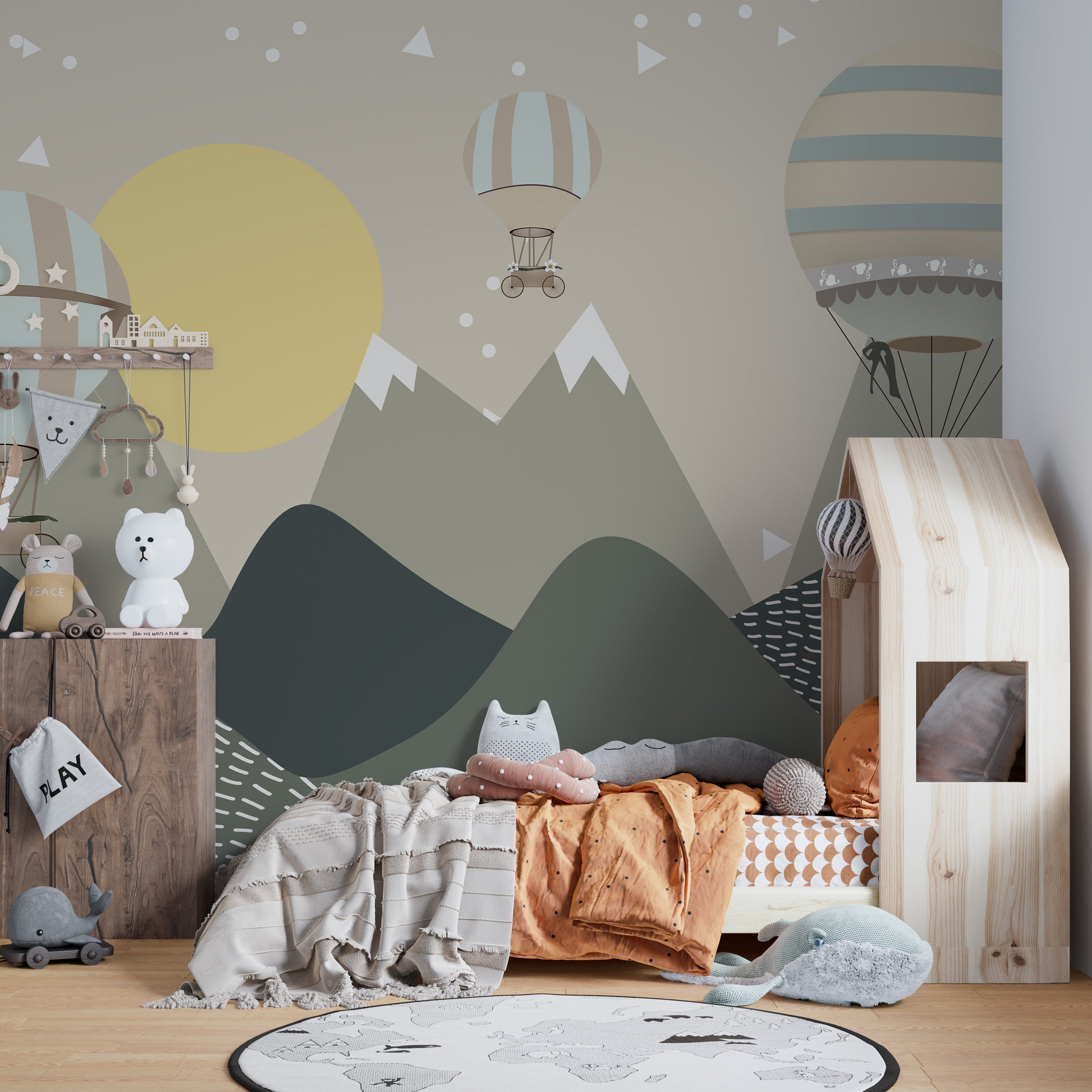 Hot air balloon and mountain kids mural