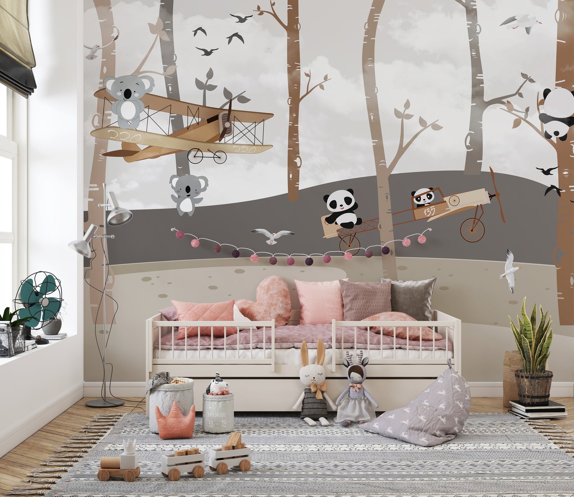 Adorable flying pandas and koalas mural