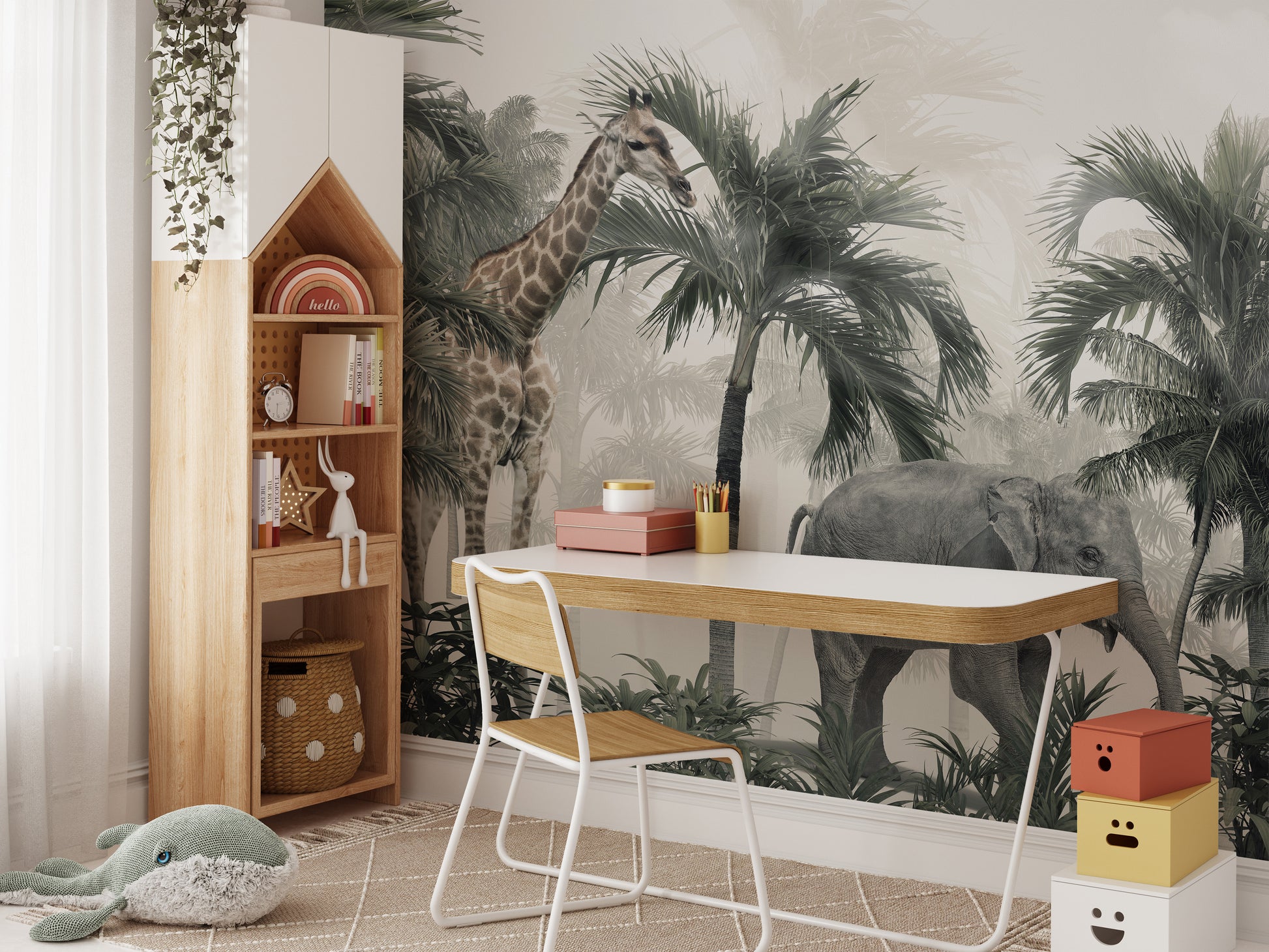 Exotic wildlife mural with tropical trees