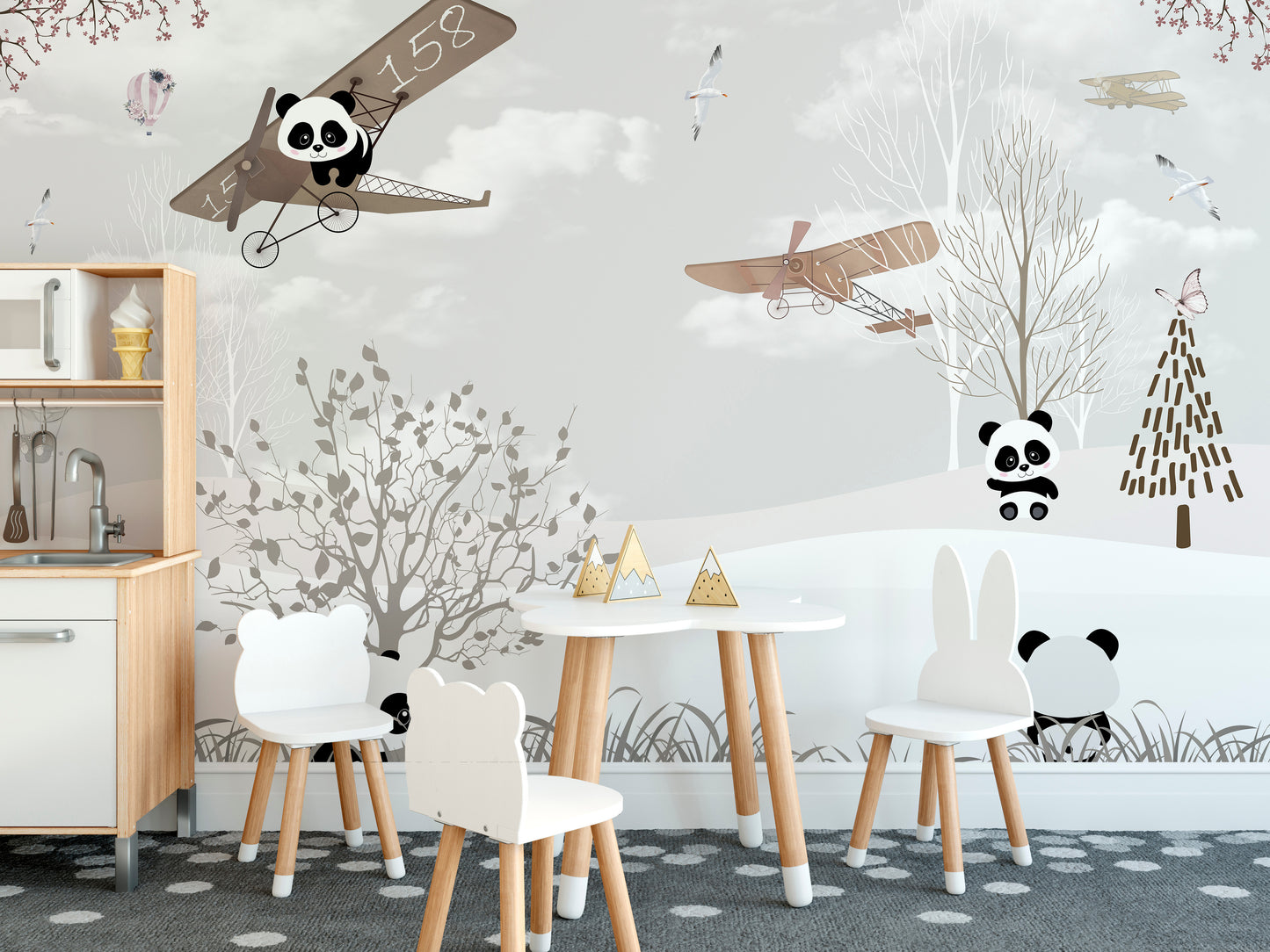 Kids mural with adorable panda scenes