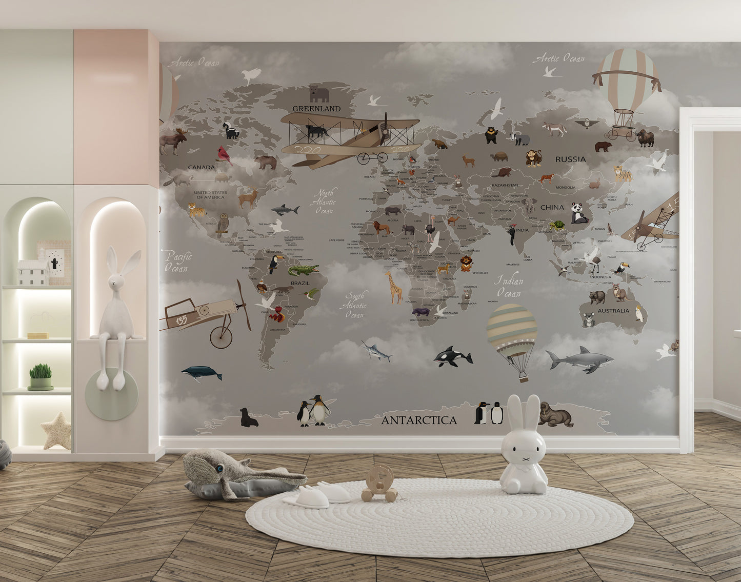 Gray World Map Kids Room Wallpaper