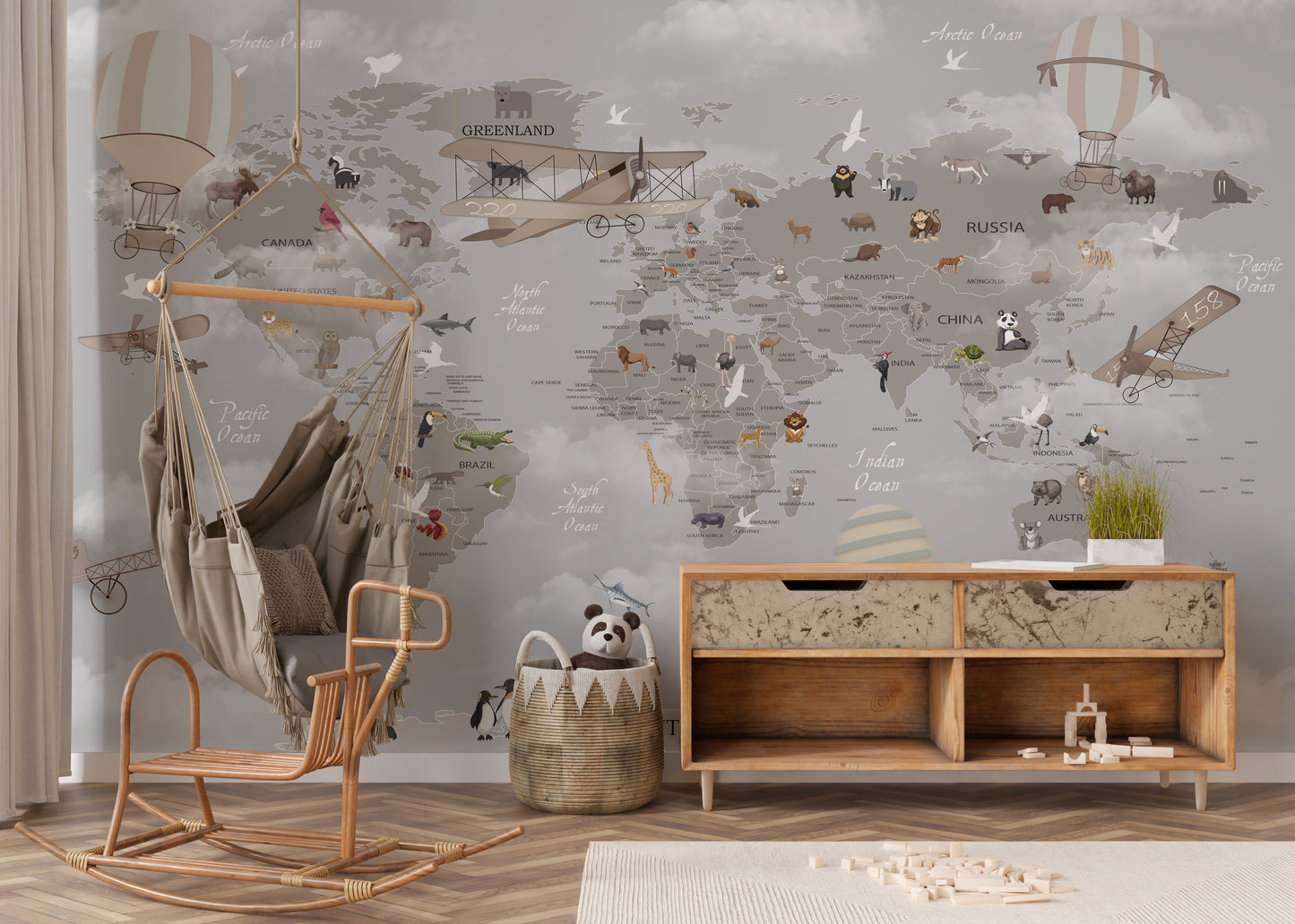 Gray World Map Kids Room Wallpaper