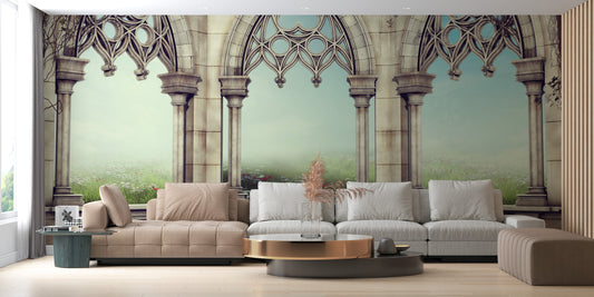 garden view mural with vintage arches