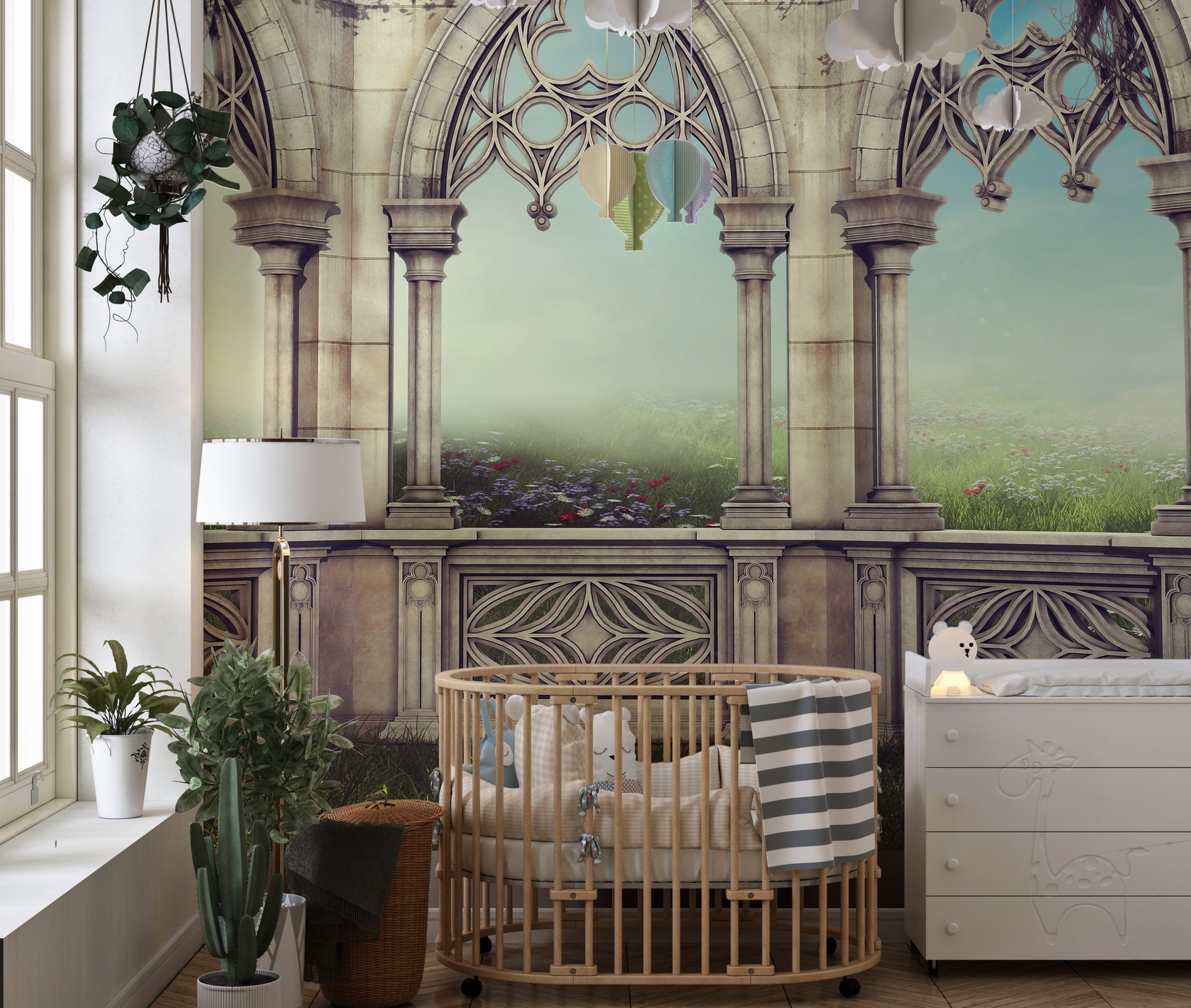 mural with lush greenery and arches