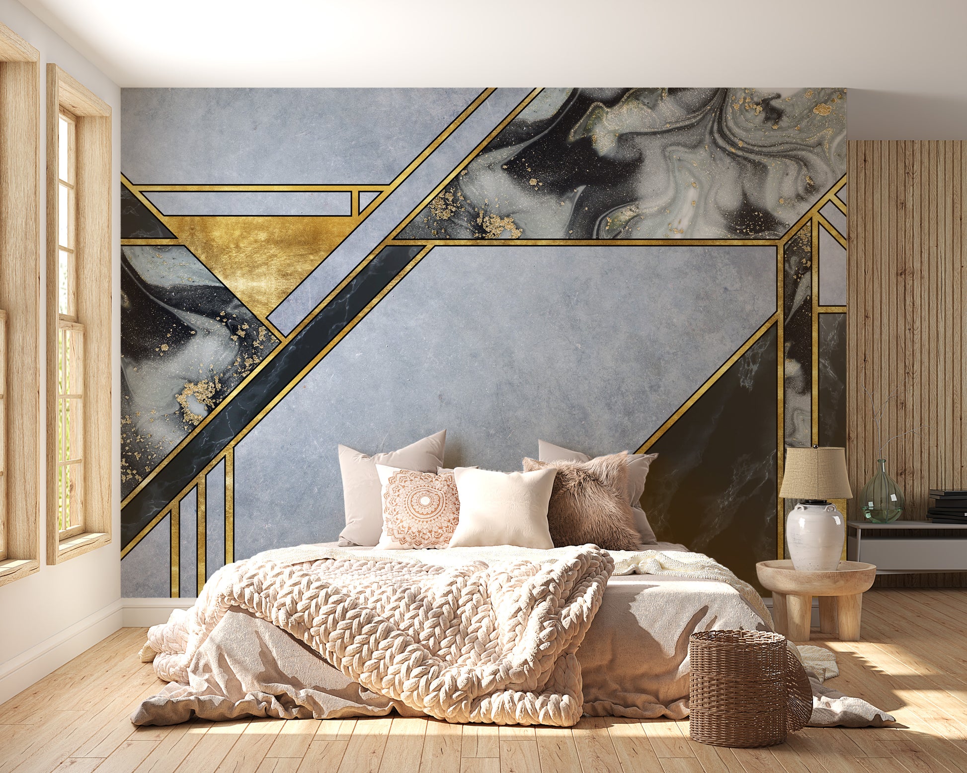 geometric gold marble mural